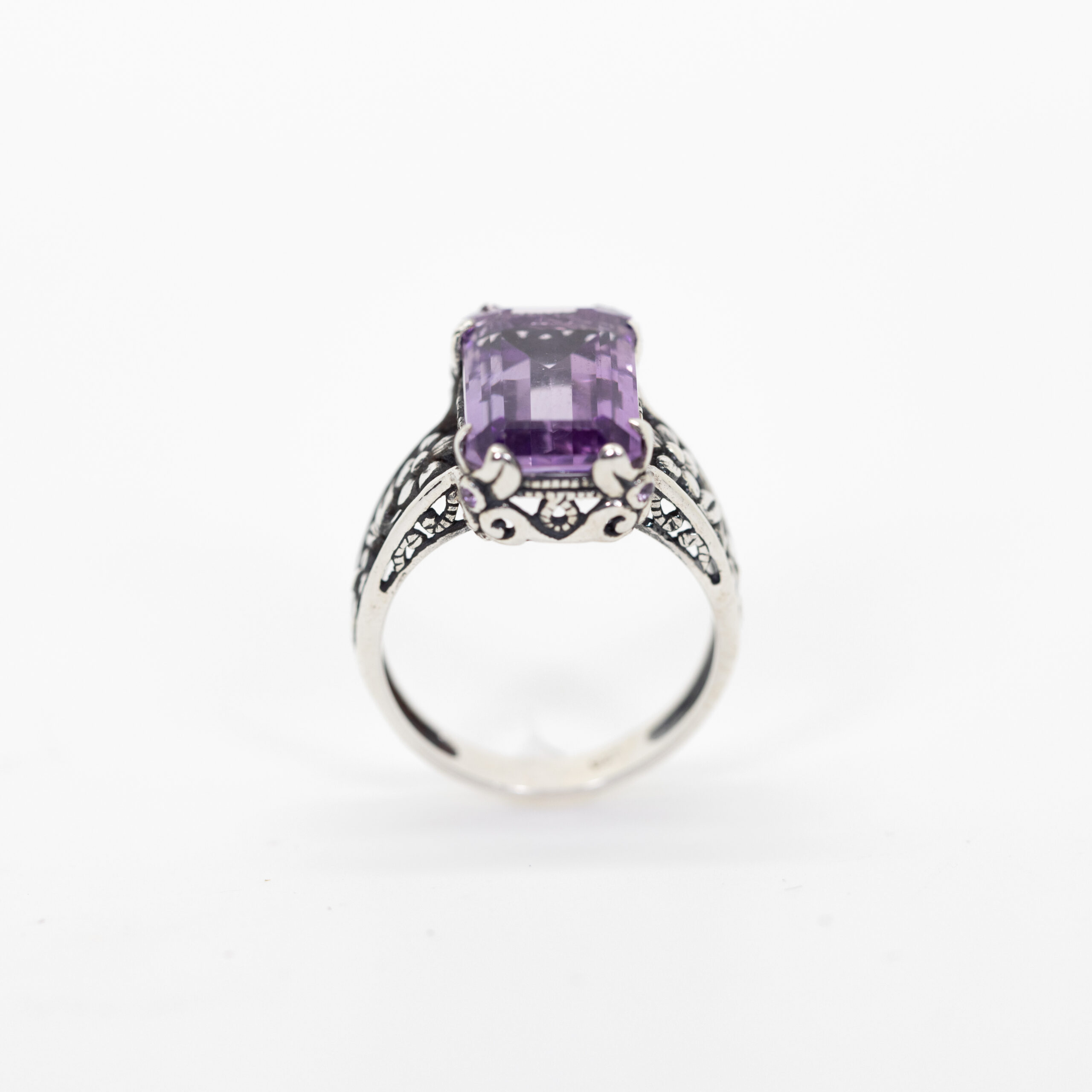 Amethyst Emerald-Cut Ring with Floral Sides