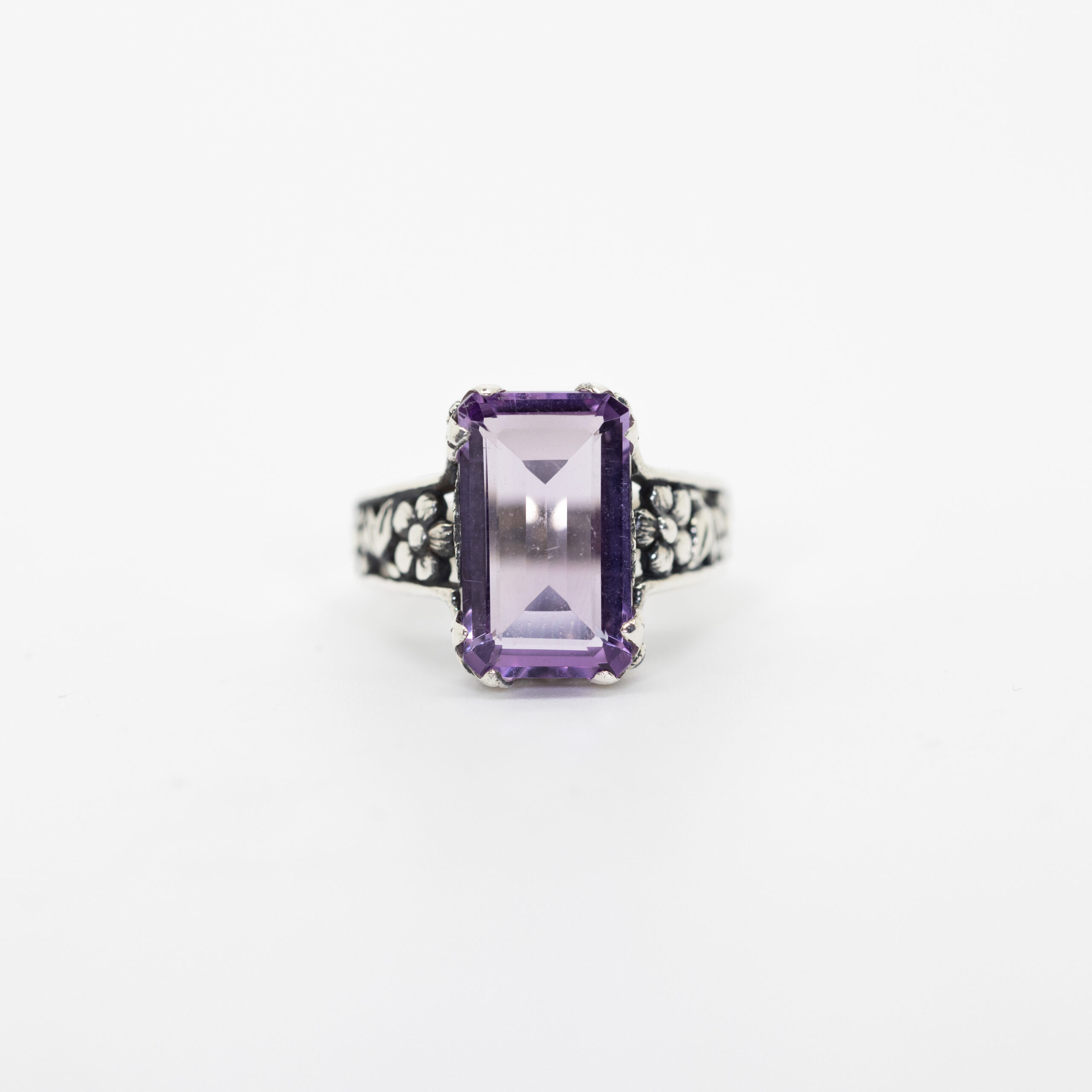Amethyst Emerald-Cut Ring with Floral Sides - Image 2