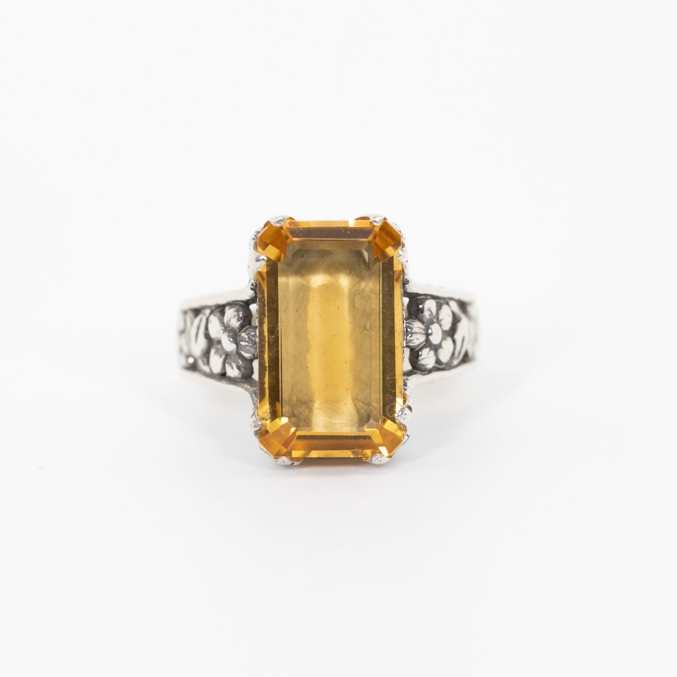 Citrine Emerald-Cut Ring with Floral Sides - Image 2