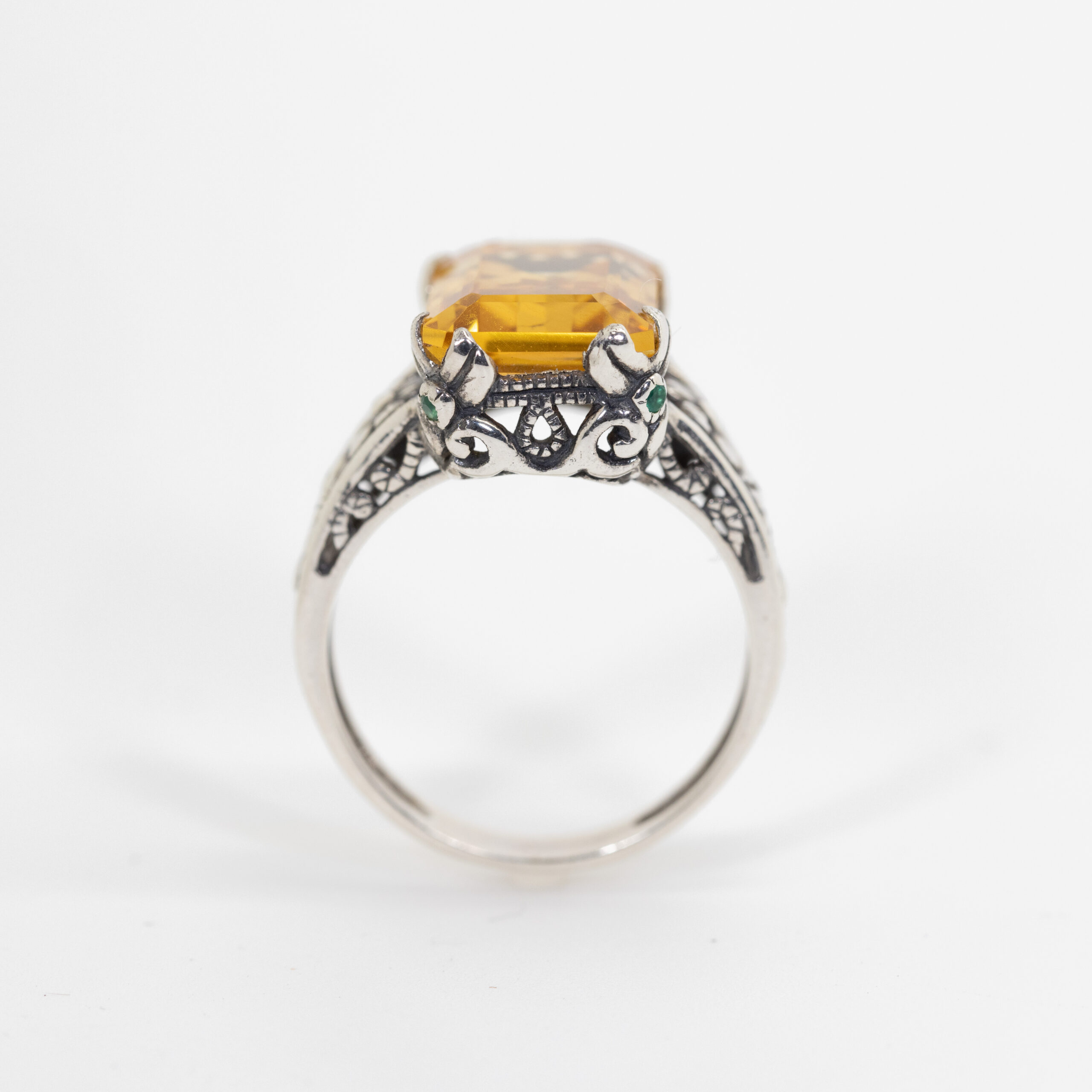 Citrine Emerald-Cut Ring with Floral Sides