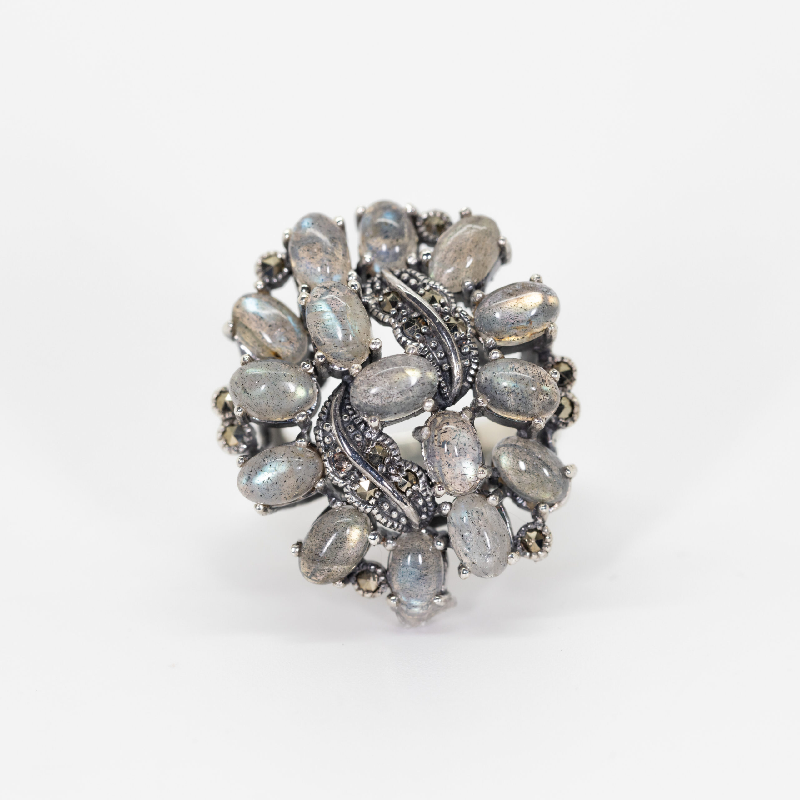 Labradorite Cabochon Ring with Marcasite Leaf Detail