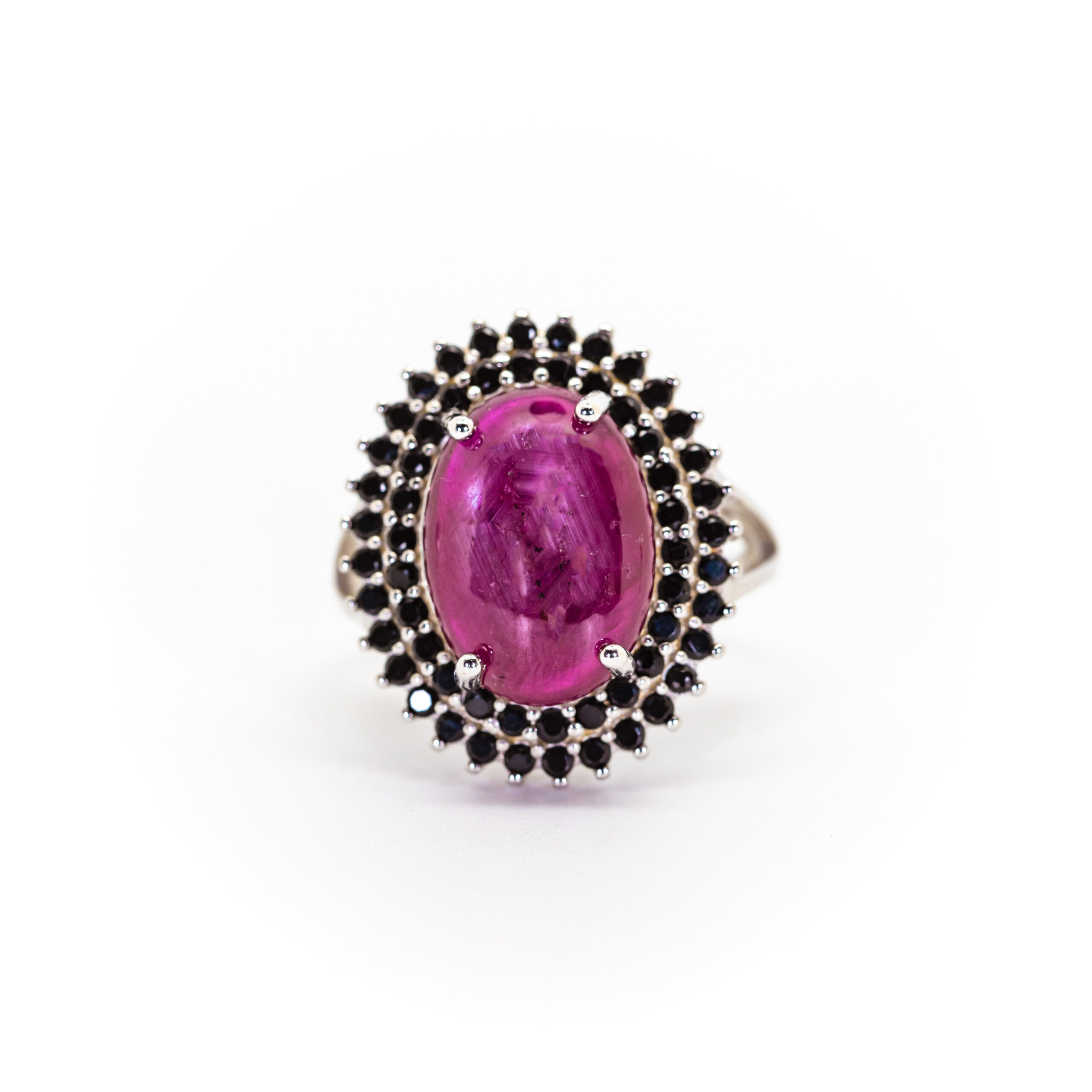 Star Ruby Cabochon Ring with Double Spinel Halo