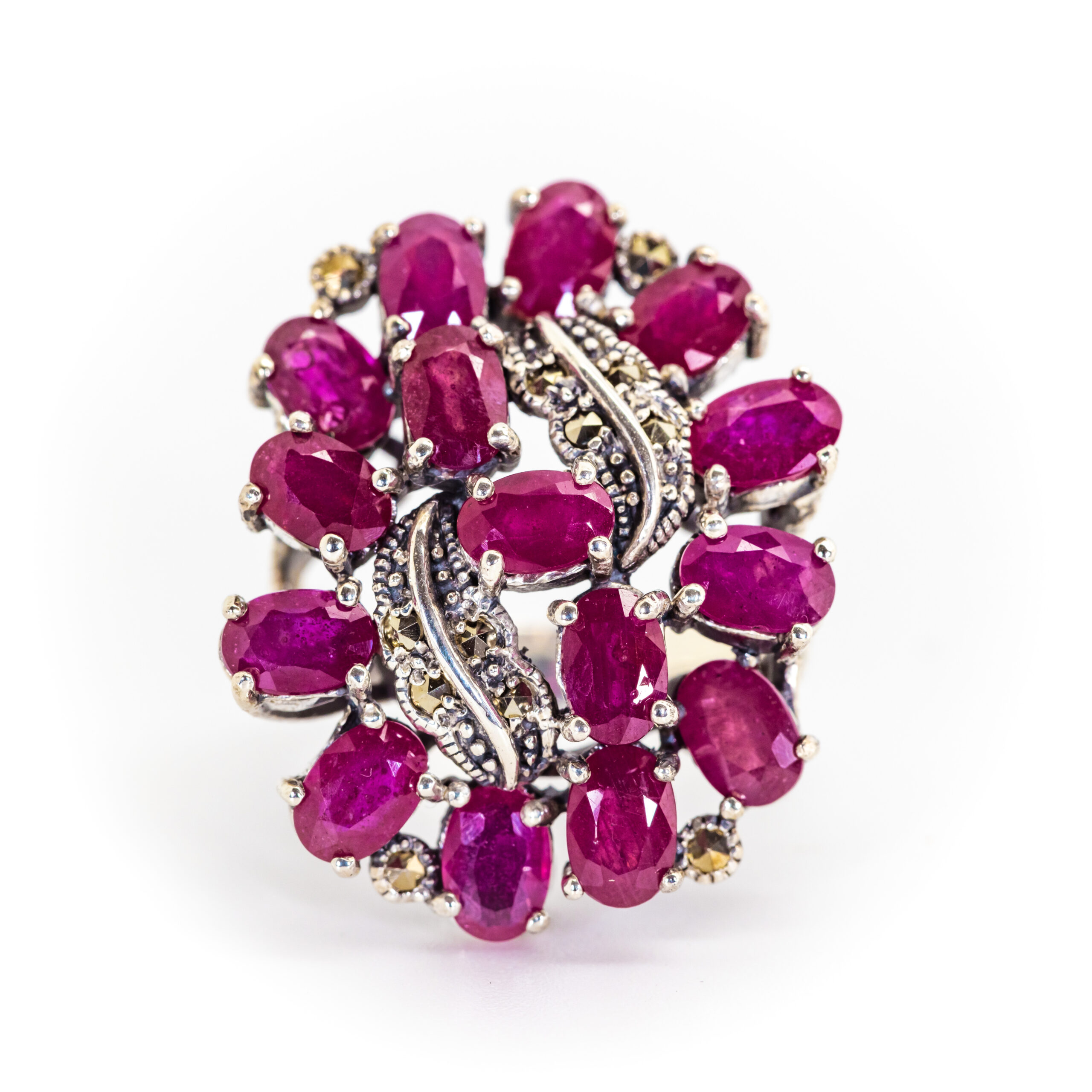 Ruby Cocktail Ring with Marcasite Leaves