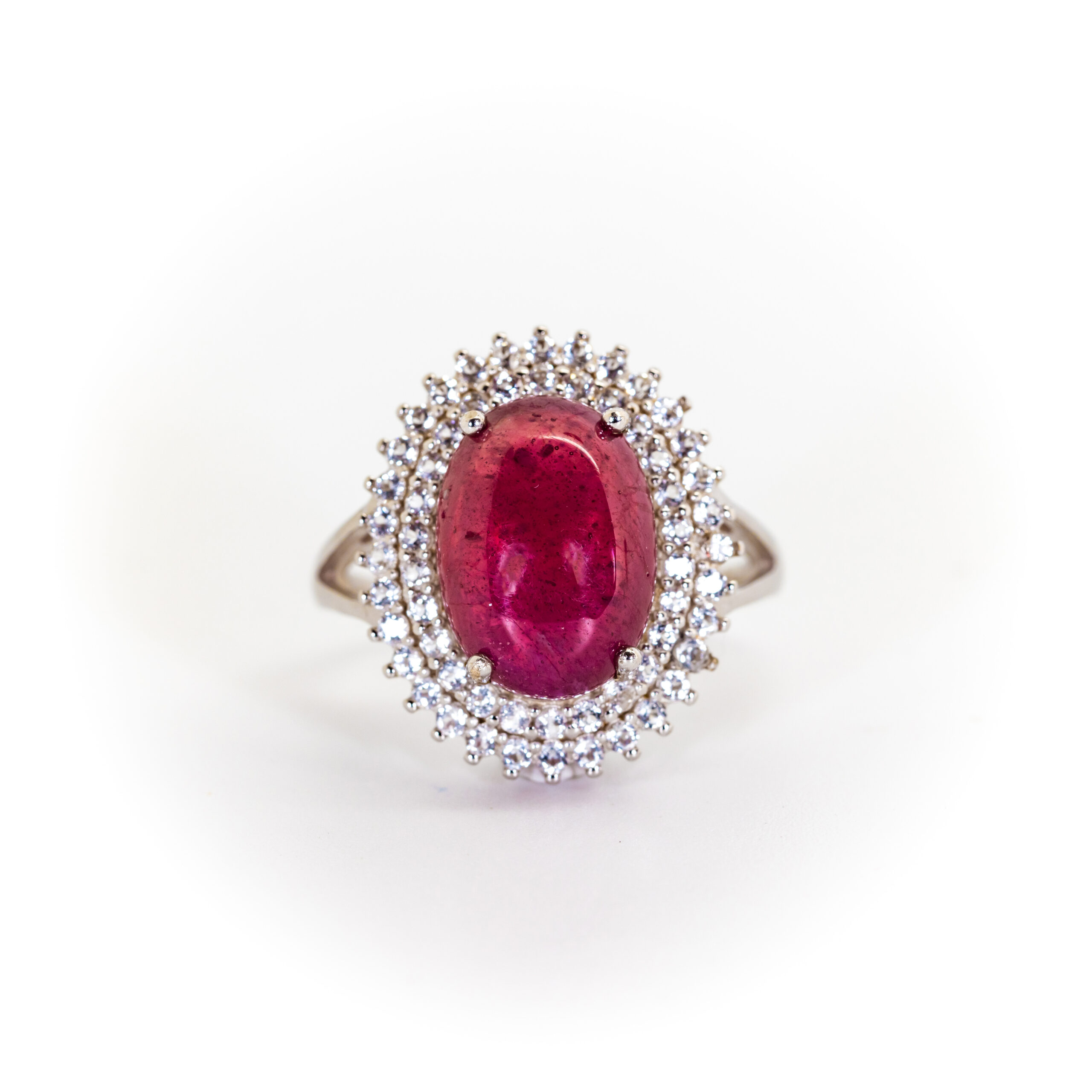 Rubellite Cabochon Ring with Double CZ Halo