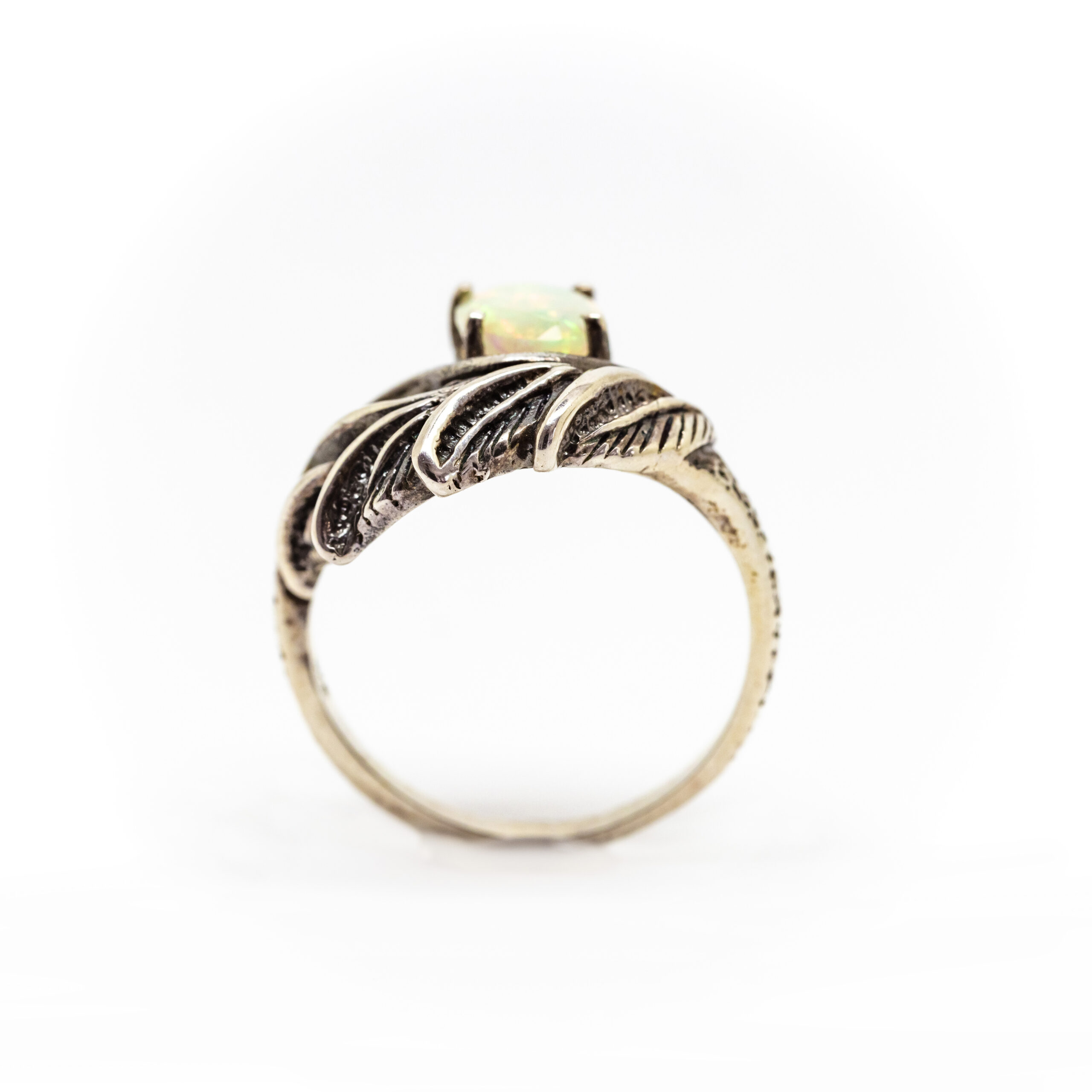 Opal Ring in Oxidised Textured Leaf Design - Image 2