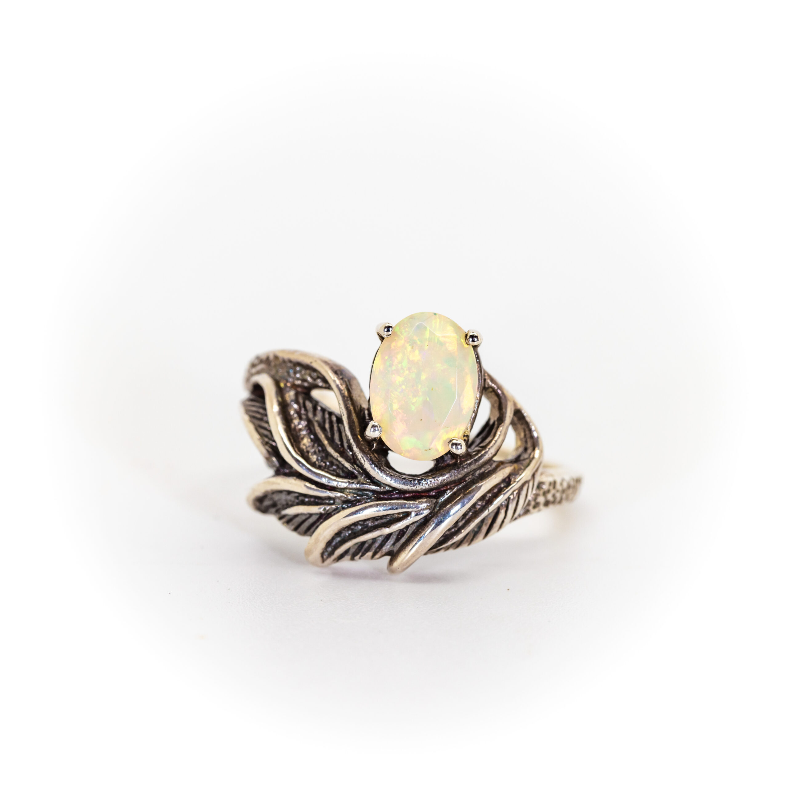 Opal Ring in Oxidised Textured Leaf Design - Image 3