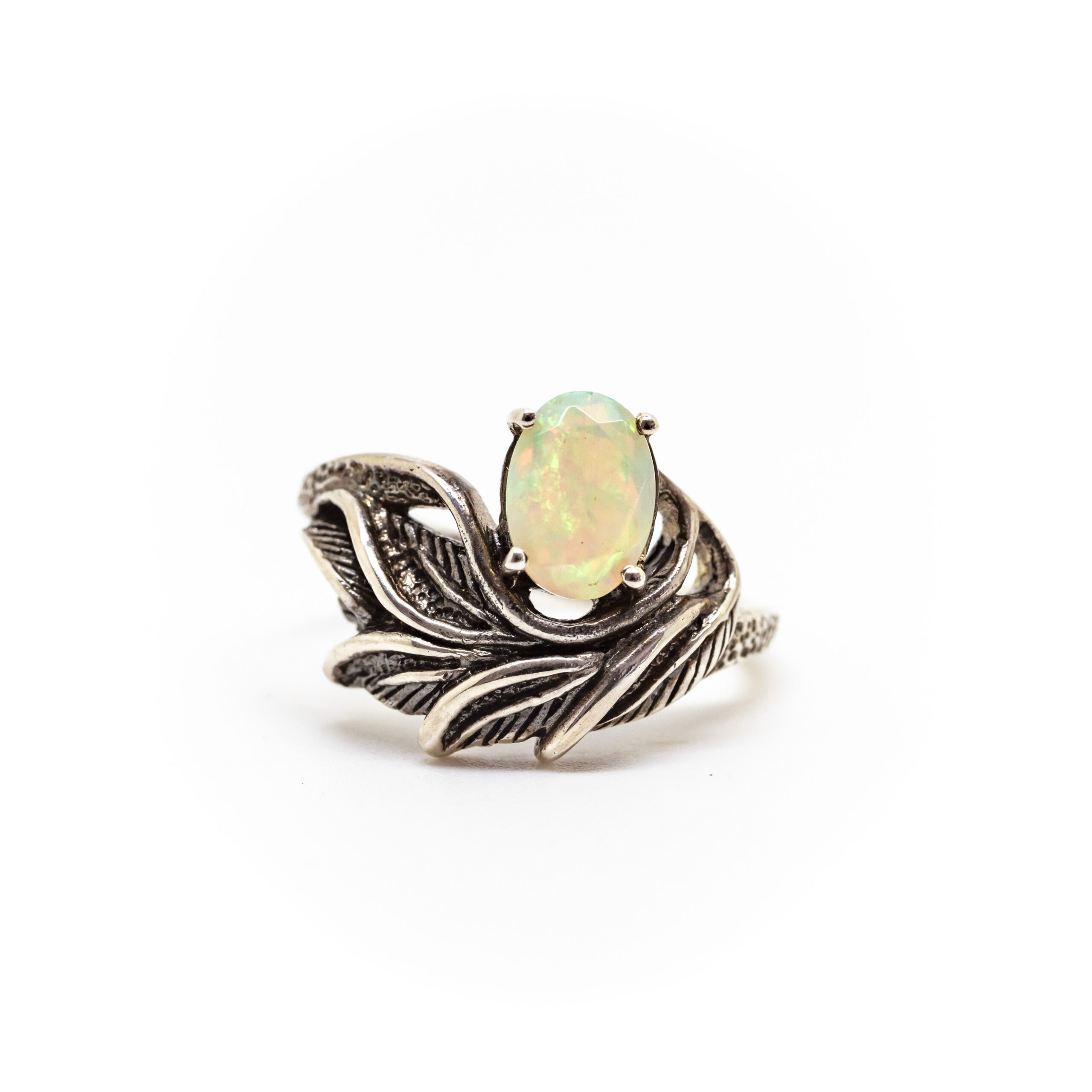 Opal Ring in Oxidised Textured Leaf Design
