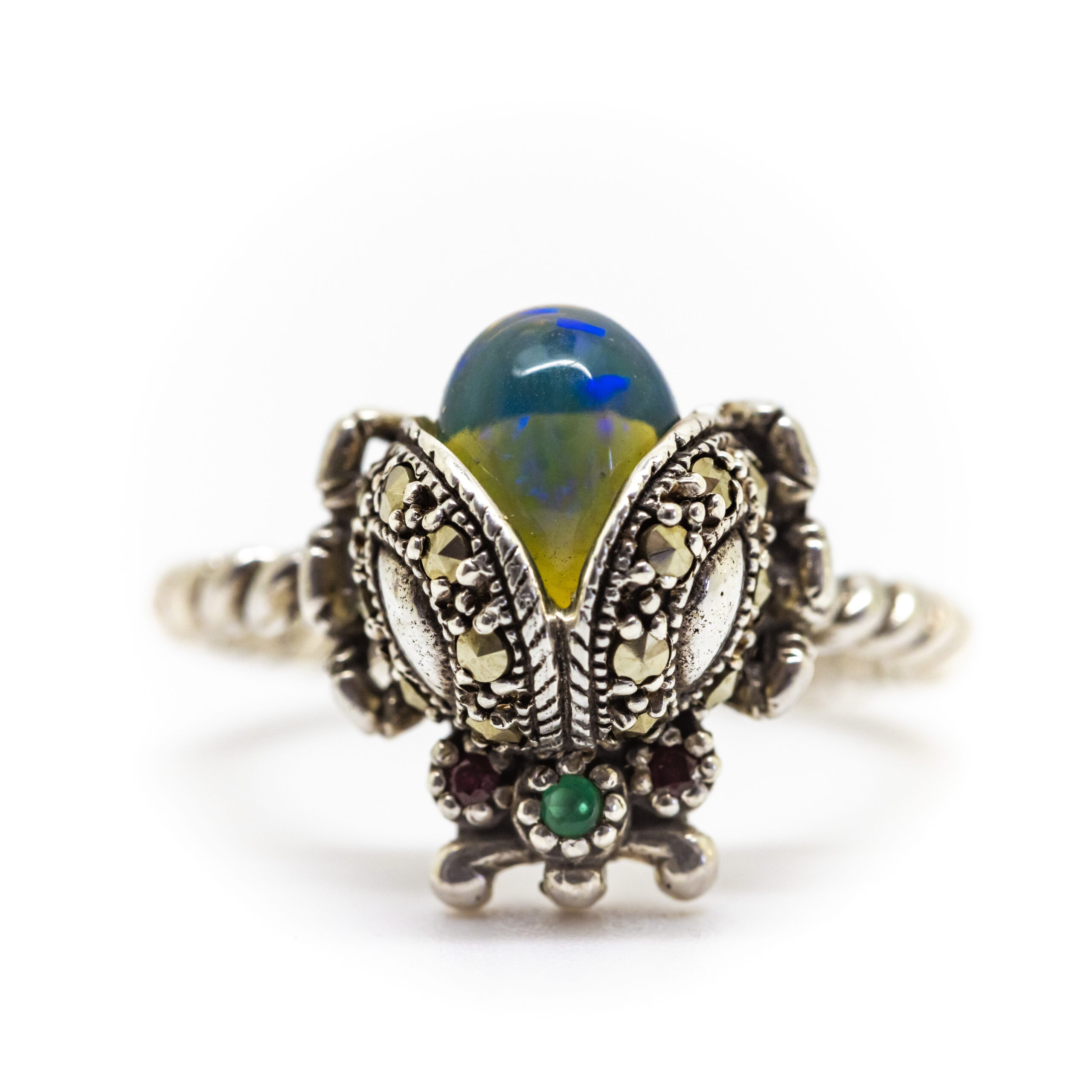 Blue Opal Ladybug Ring with Ruby & Green Agate