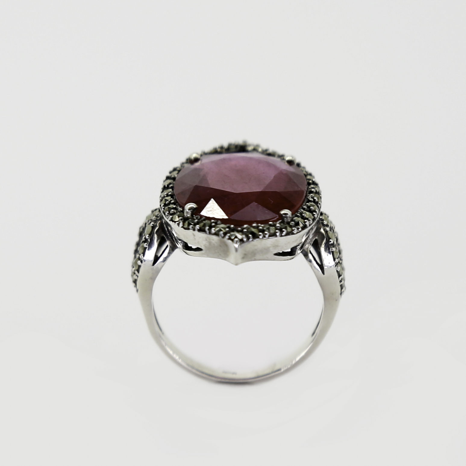 Faceted Oval Ruby Ring with Marcasite Halo - Image 2