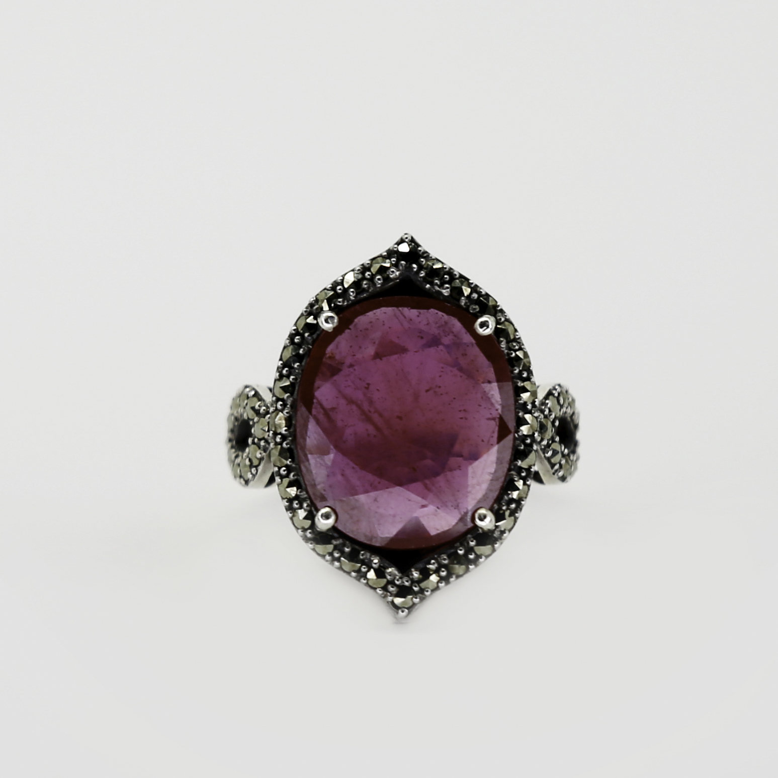 Faceted Oval Ruby Ring with Marcasite Halo