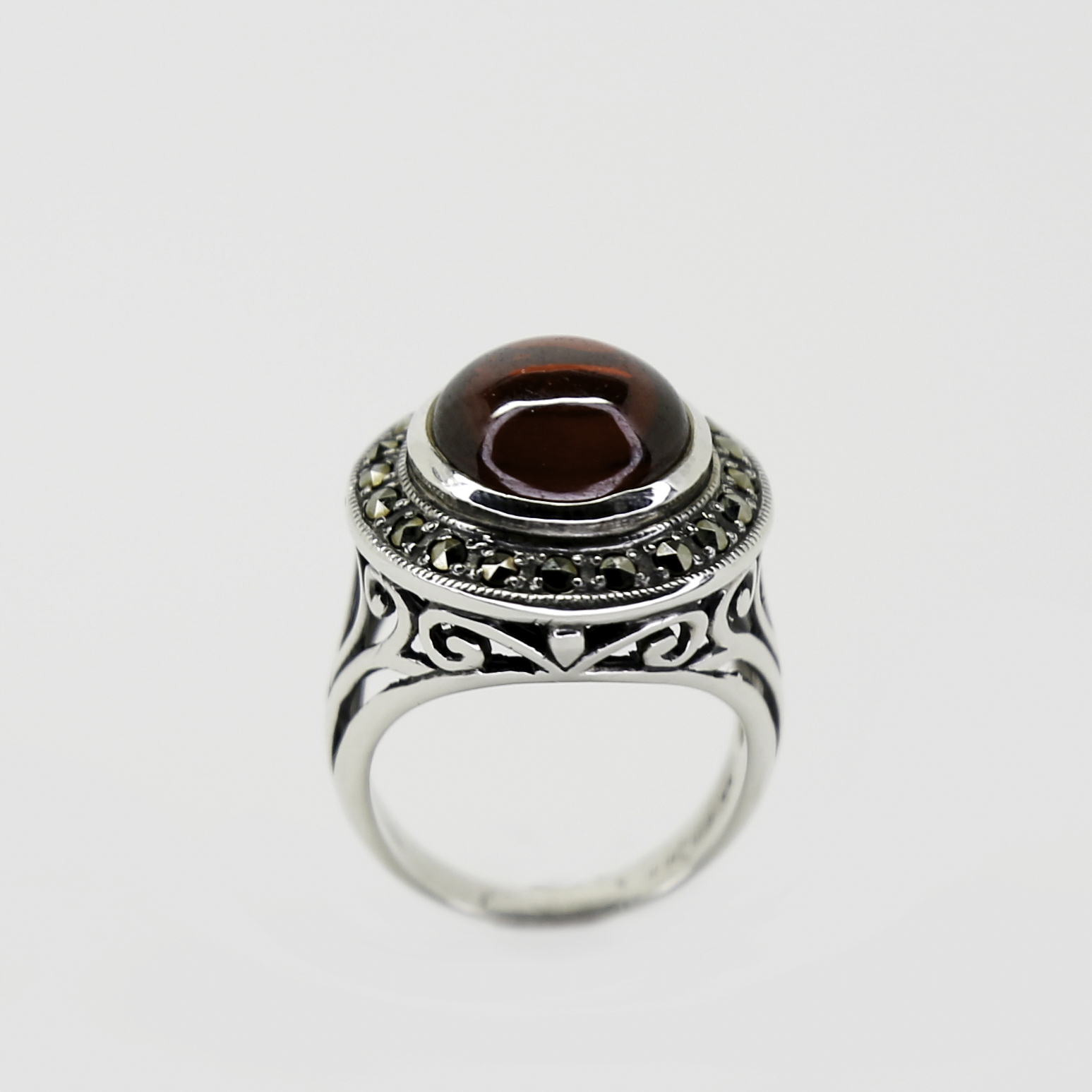 Nano Garnet Cabochon Ring with Marcasite Halo and Swirl Detail