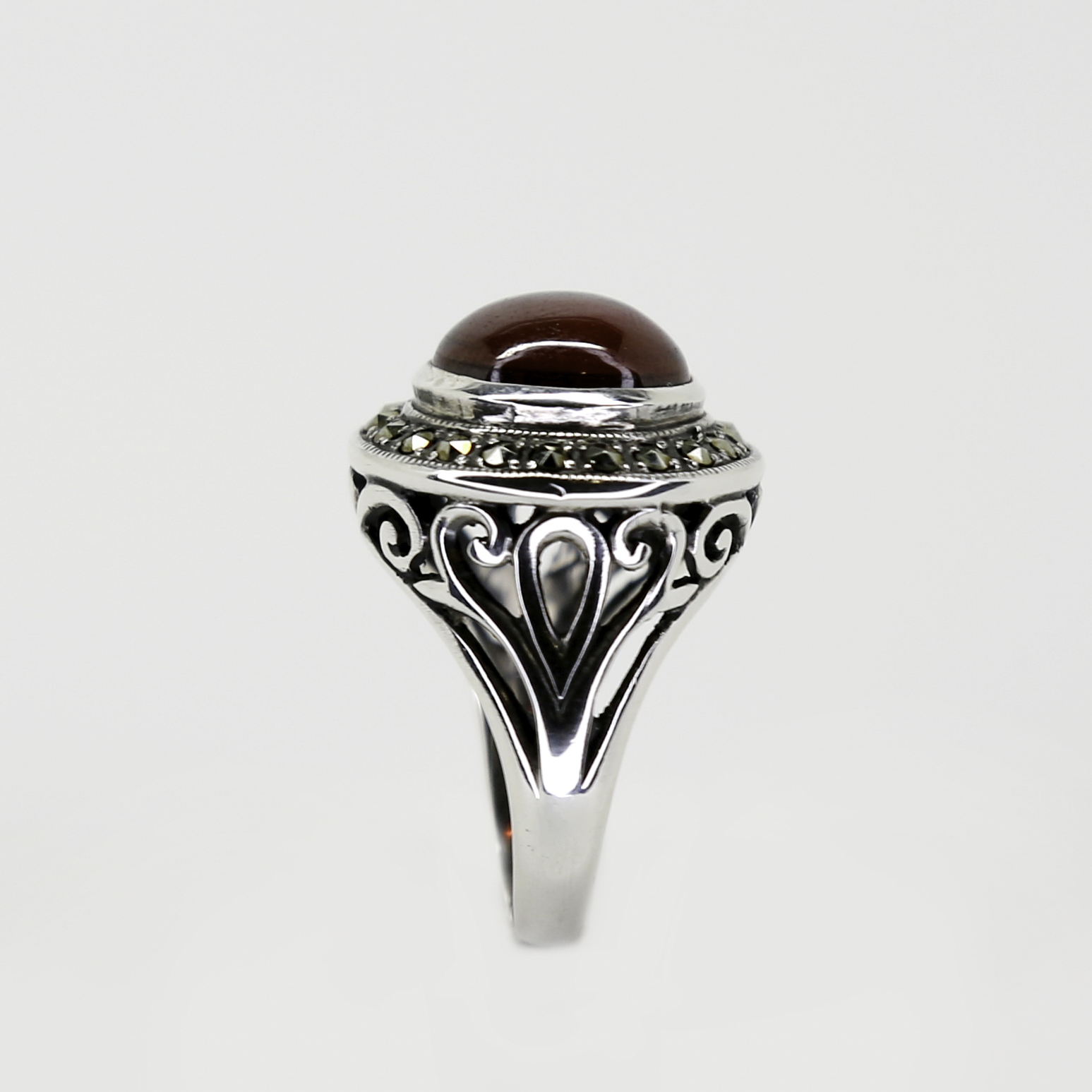 Nano Garnet Cabochon Ring with Marcasite Halo and Swirl Detail - Image 3