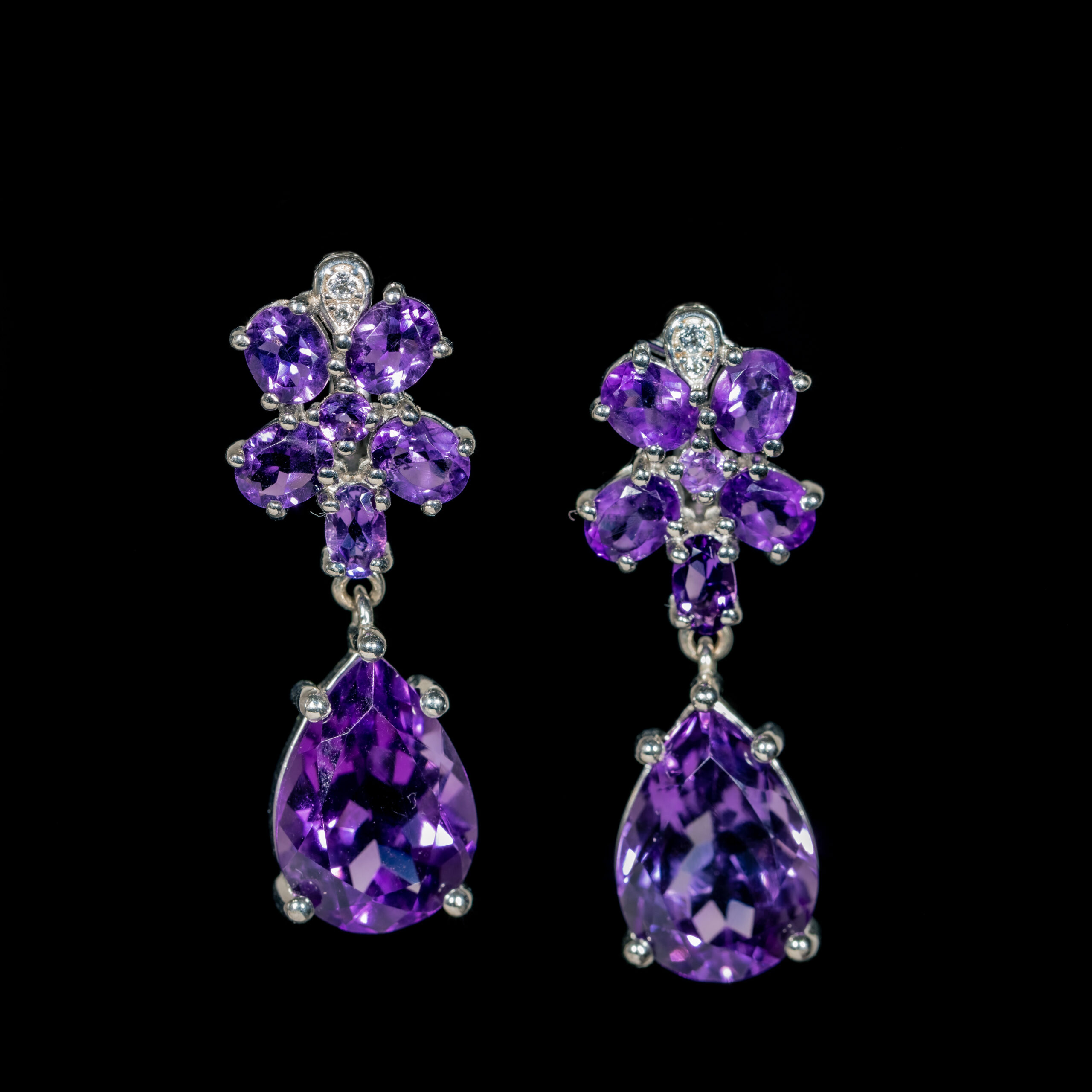 Faceted Amethyst Pear Drop Earrings with Amethyst Cluster Top