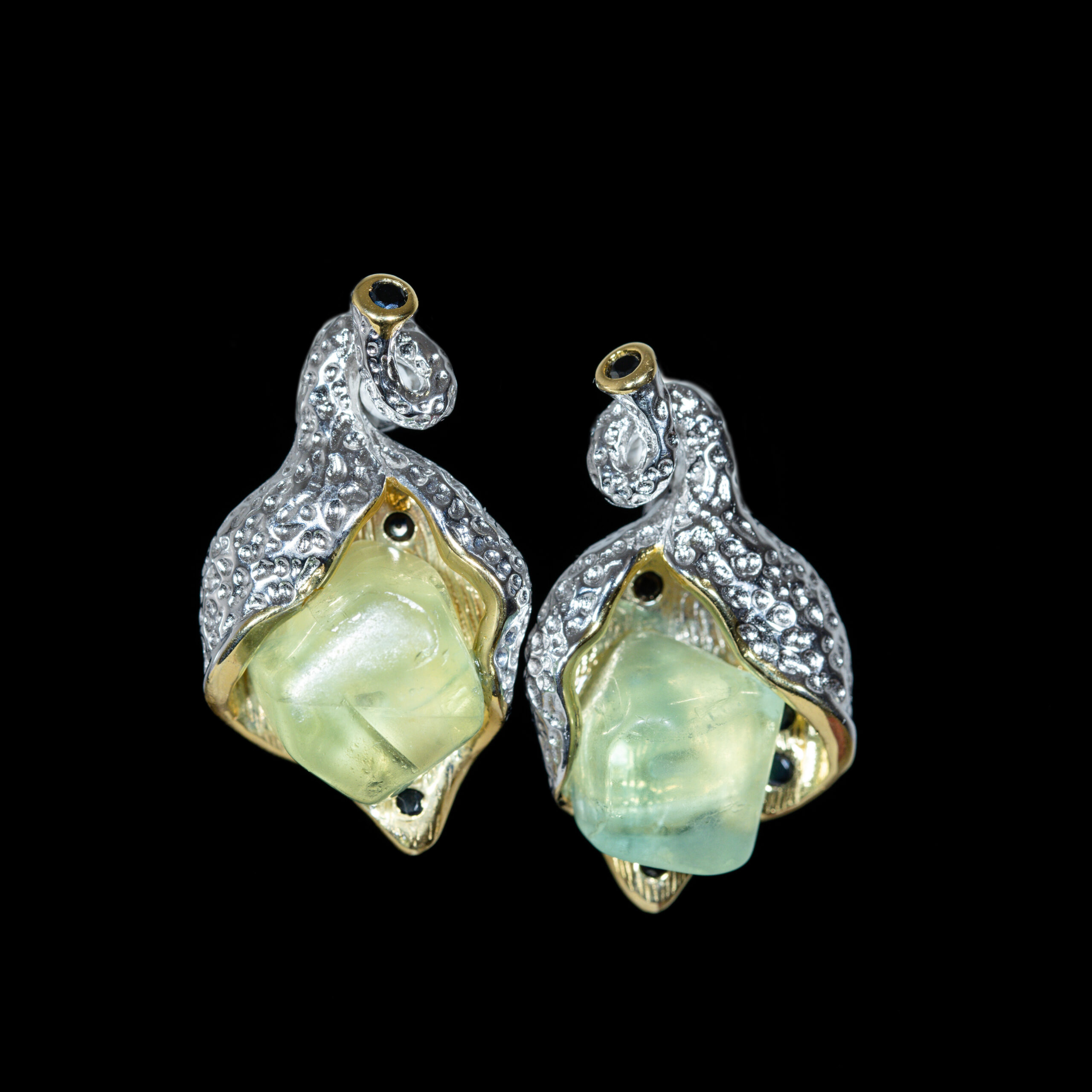 Raw Fluorite Lily Bud Earrings with Black Spinel
