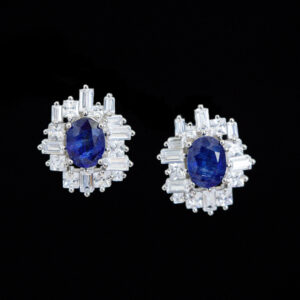 Oval Sapphire Earrings with CZ Baguette Halo