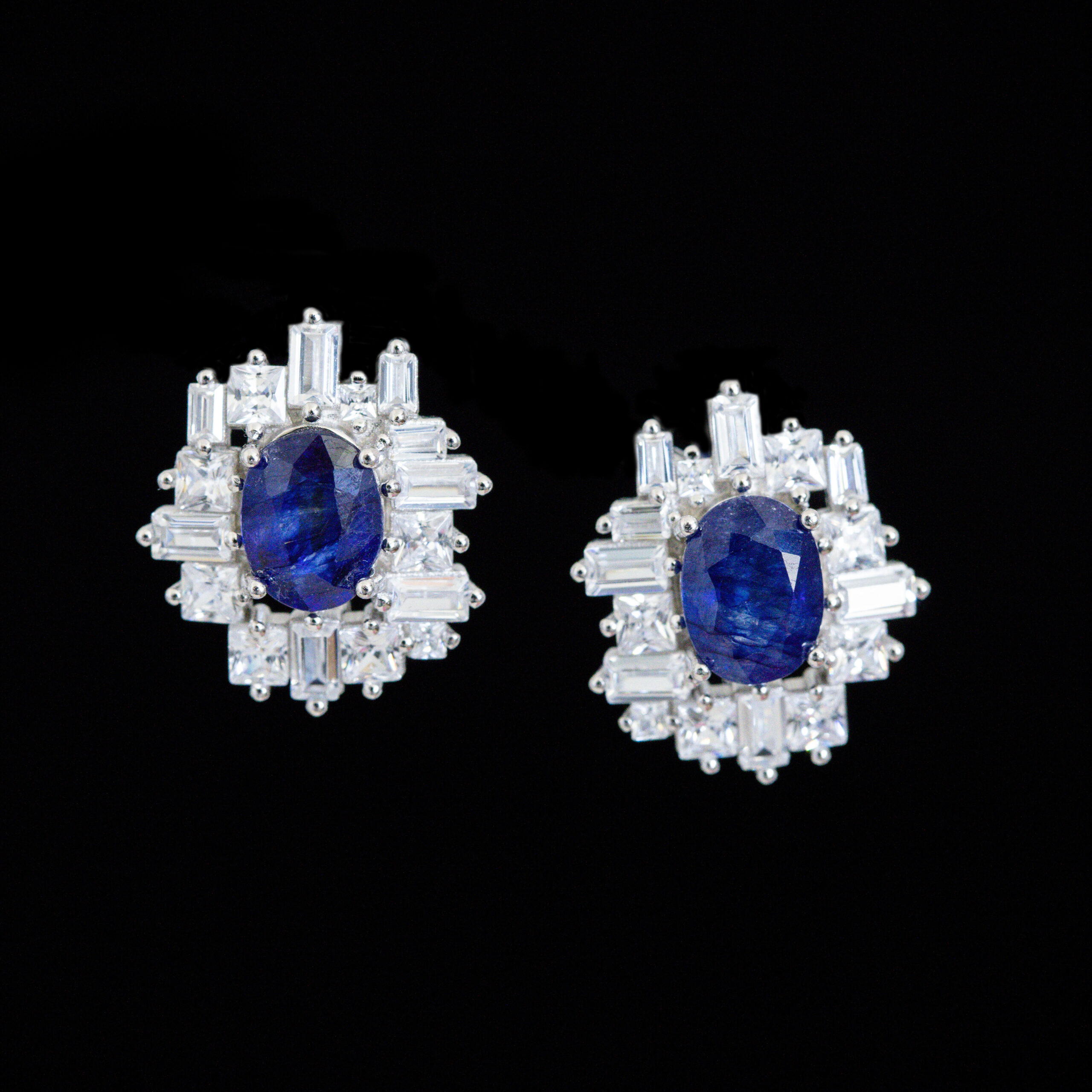 Oval Sapphire Earrings with CZ Baguette Halo