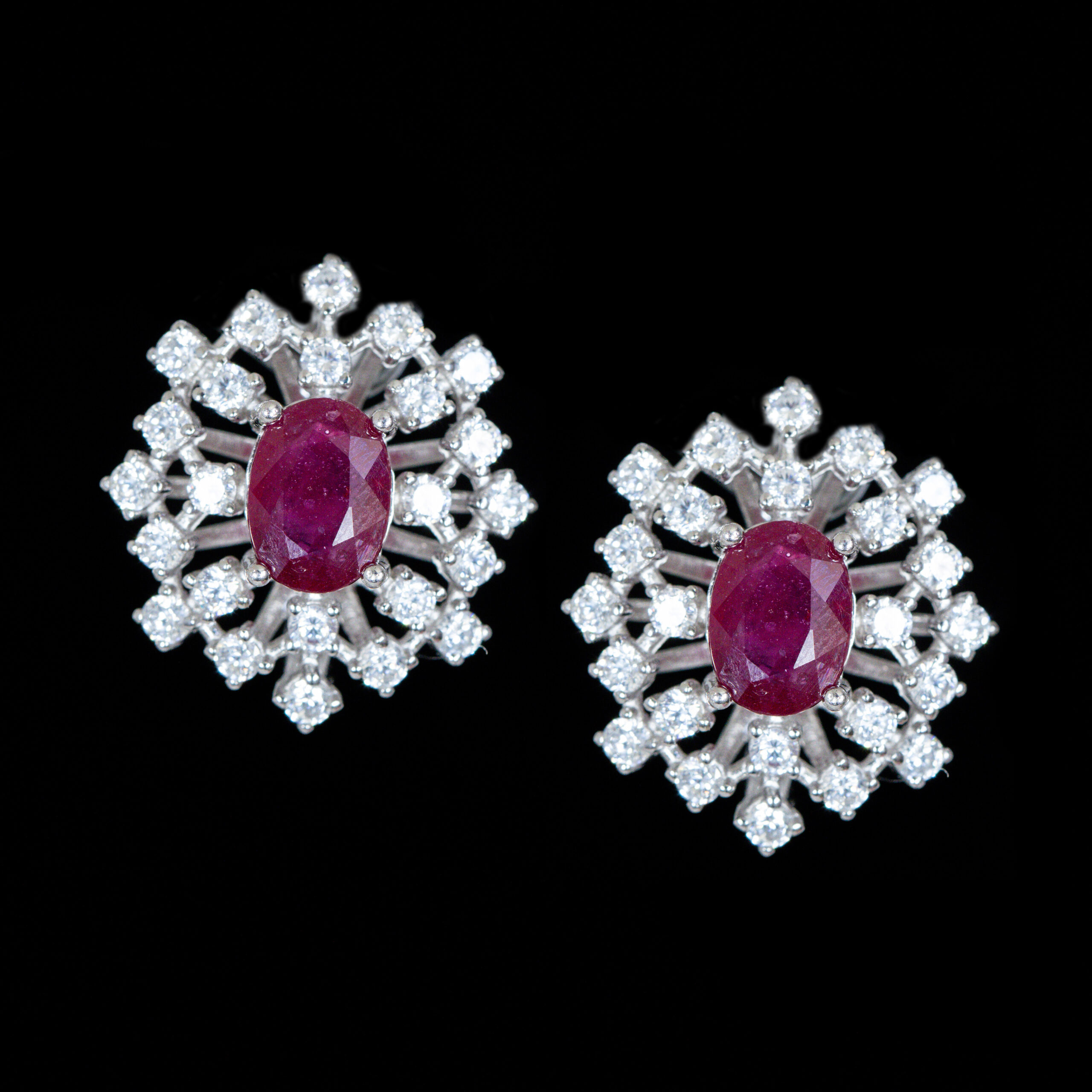 Ruby Oval Earrings with Double CZ Halo