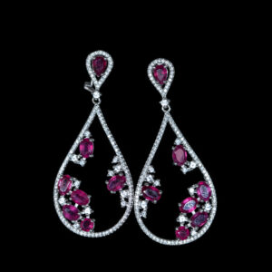 Ruby Gemstone Floating in CZ Open Teardrop Earrings