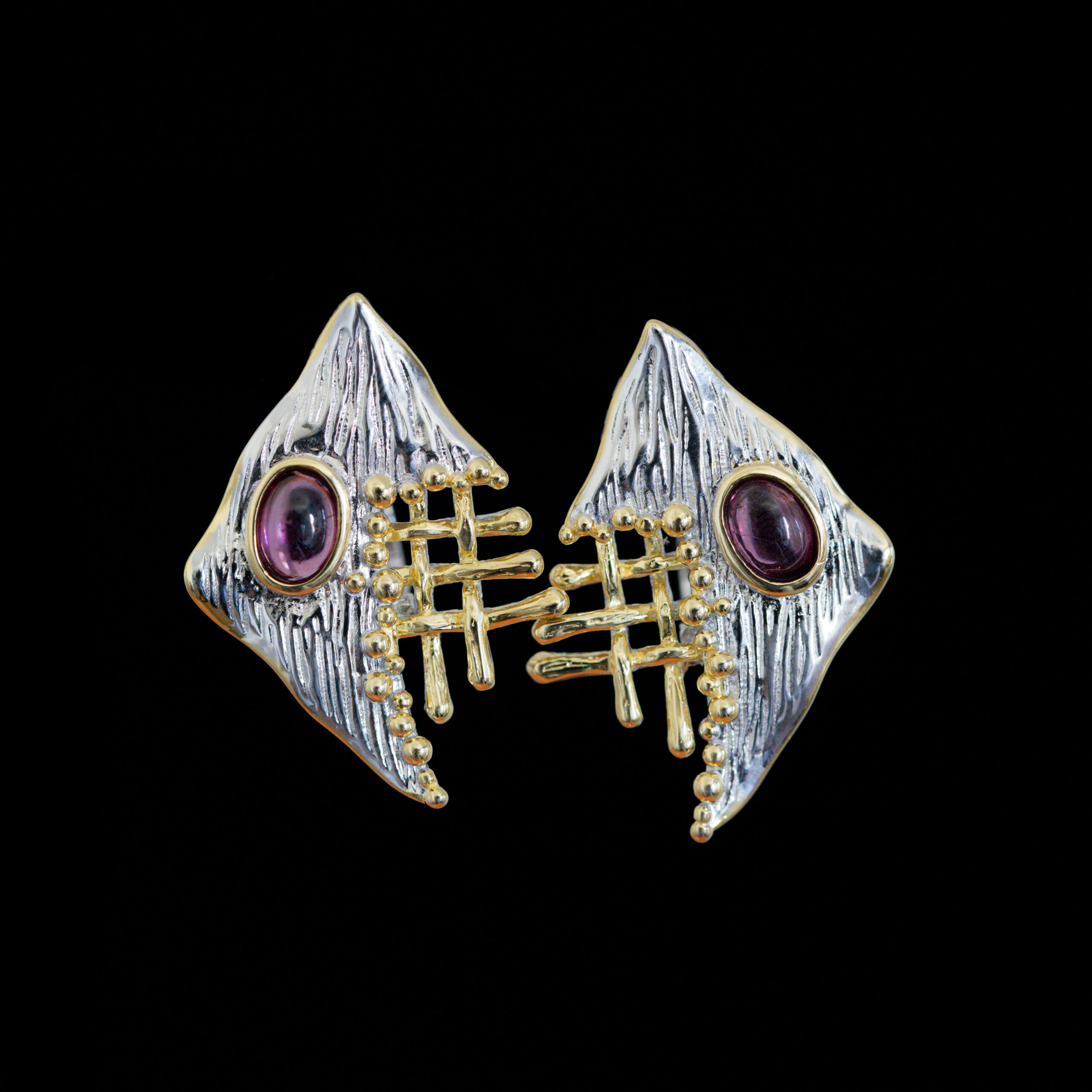 Mixed Metal Fish Earrings with Rhodolite Cabochon