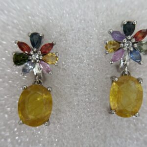 Oval Yellow Sapphire Earrings with Mixed Sapphire Floral Top
