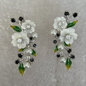 Mother-of-Pearl Flower Earrings with Seed Pearls, Black Spinel and Enamel
