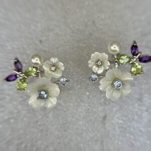 Mother-of-Pearl Floral Earrings with Blue Topaz, Peridot, Amethyst & Seed Pearls