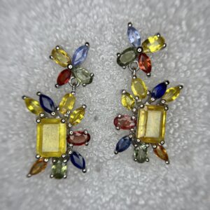 Yellow Sapphire Emerald-Cut Earrings with Fancy Sapphire Floral Top and Surround