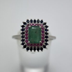 Emerald-Cut Emerald with Ruby and Sapphire Halos Ring