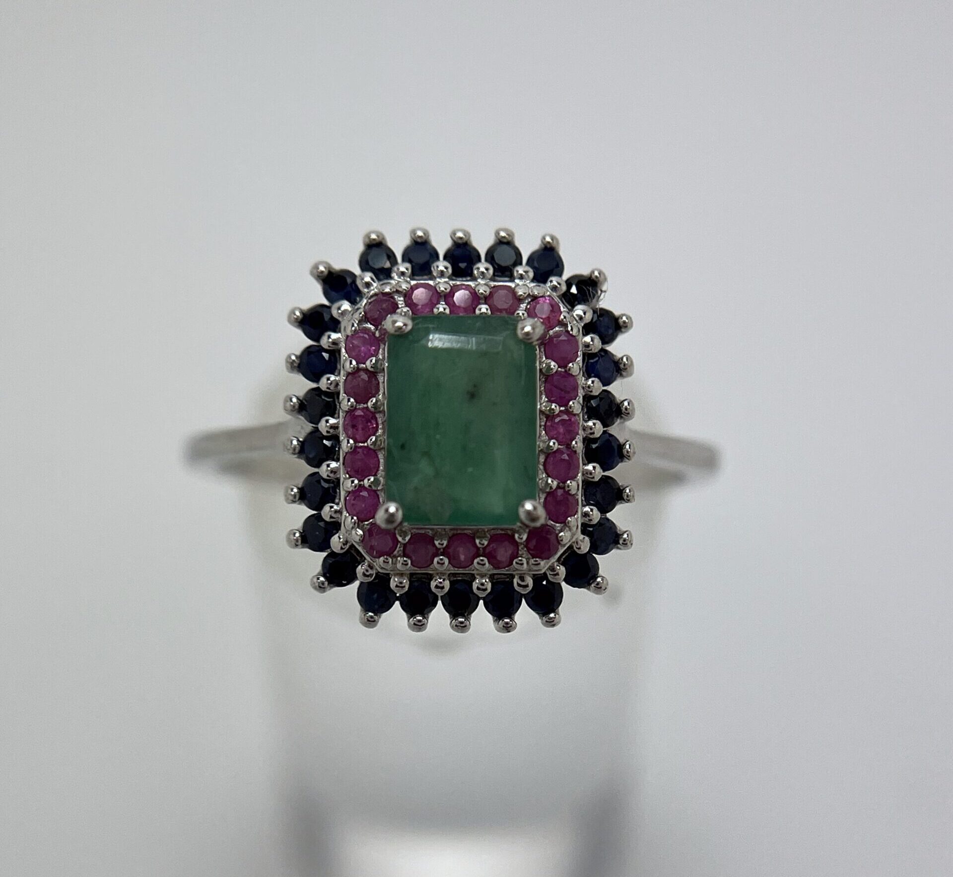 Emerald-Cut Emerald with Ruby & Sapphire Halos Pendant and Chain - Image 3