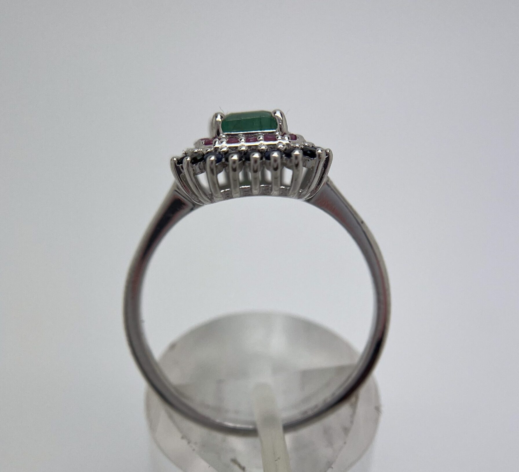 Emerald-Cut Emerald with Ruby & Sapphire Halos Pendant and Chain - Image 4