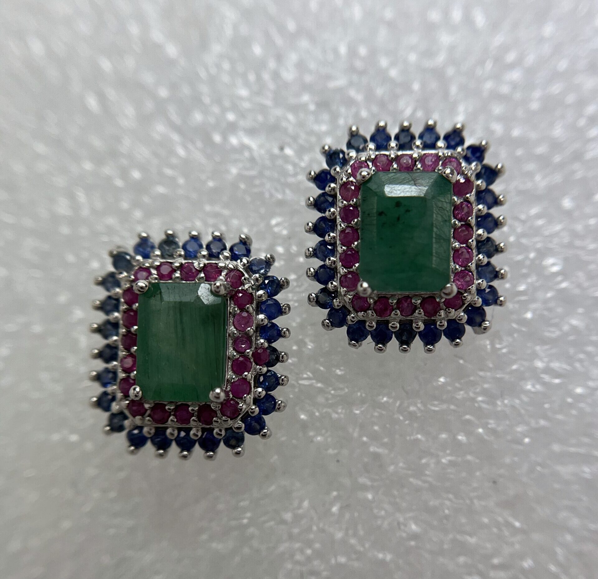 Emerald-Cut Emerald with Ruby & Sapphire Halos Pendant and Chain - Image 2