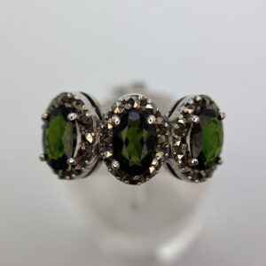 Green Chrome Diopside Trilogy Ring with Marcasite Halo