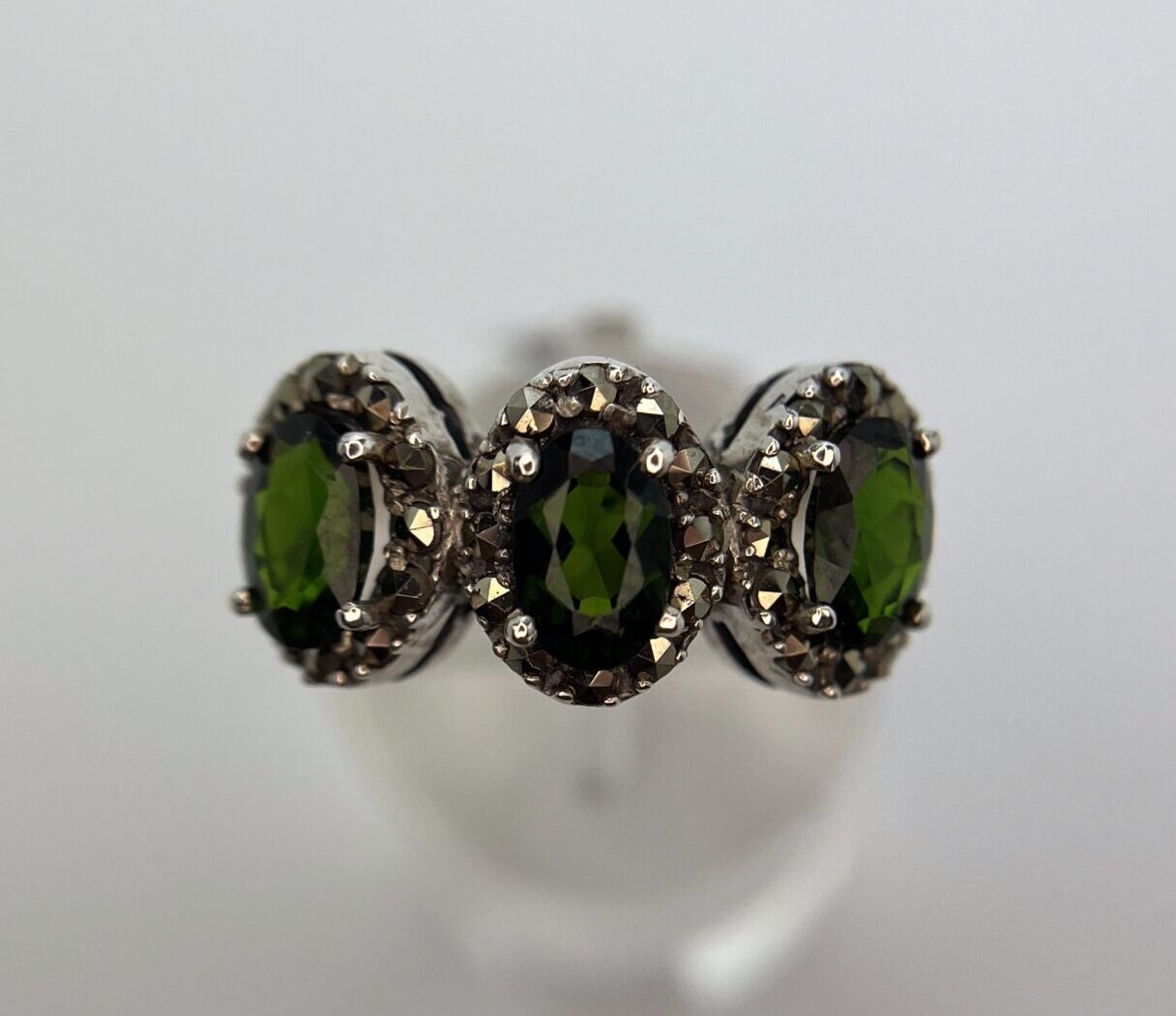 Green Chrome Diopside Trilogy Ring with Marcasite Halo