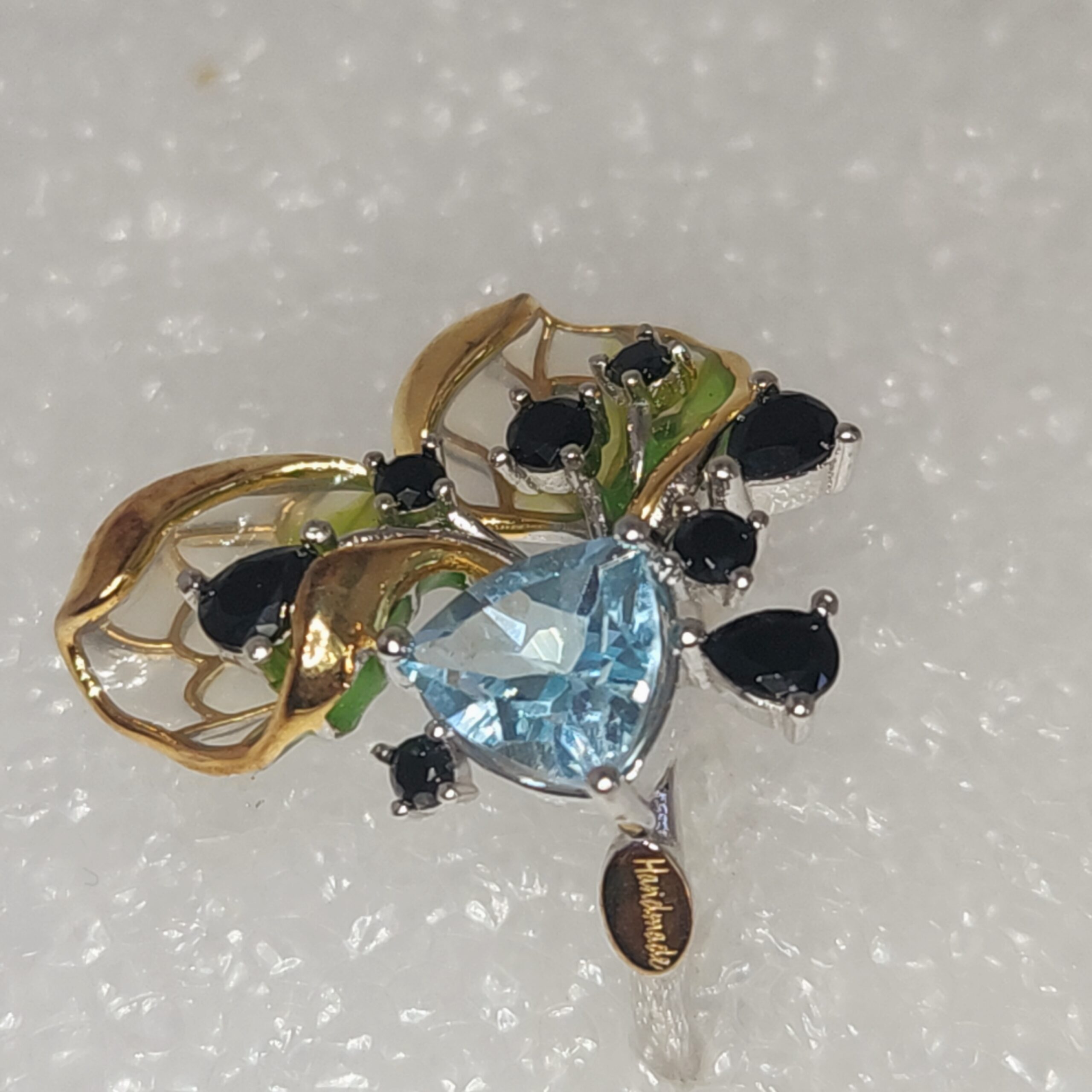 Blue Topaz Brilliant Ring with Black Spinel Accents and Vermeil Enamel Petals - Image 2