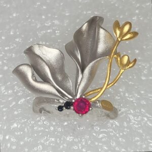 Sterling Silver Ring with Vermeil Floral Accents and Ruby Gemstone
