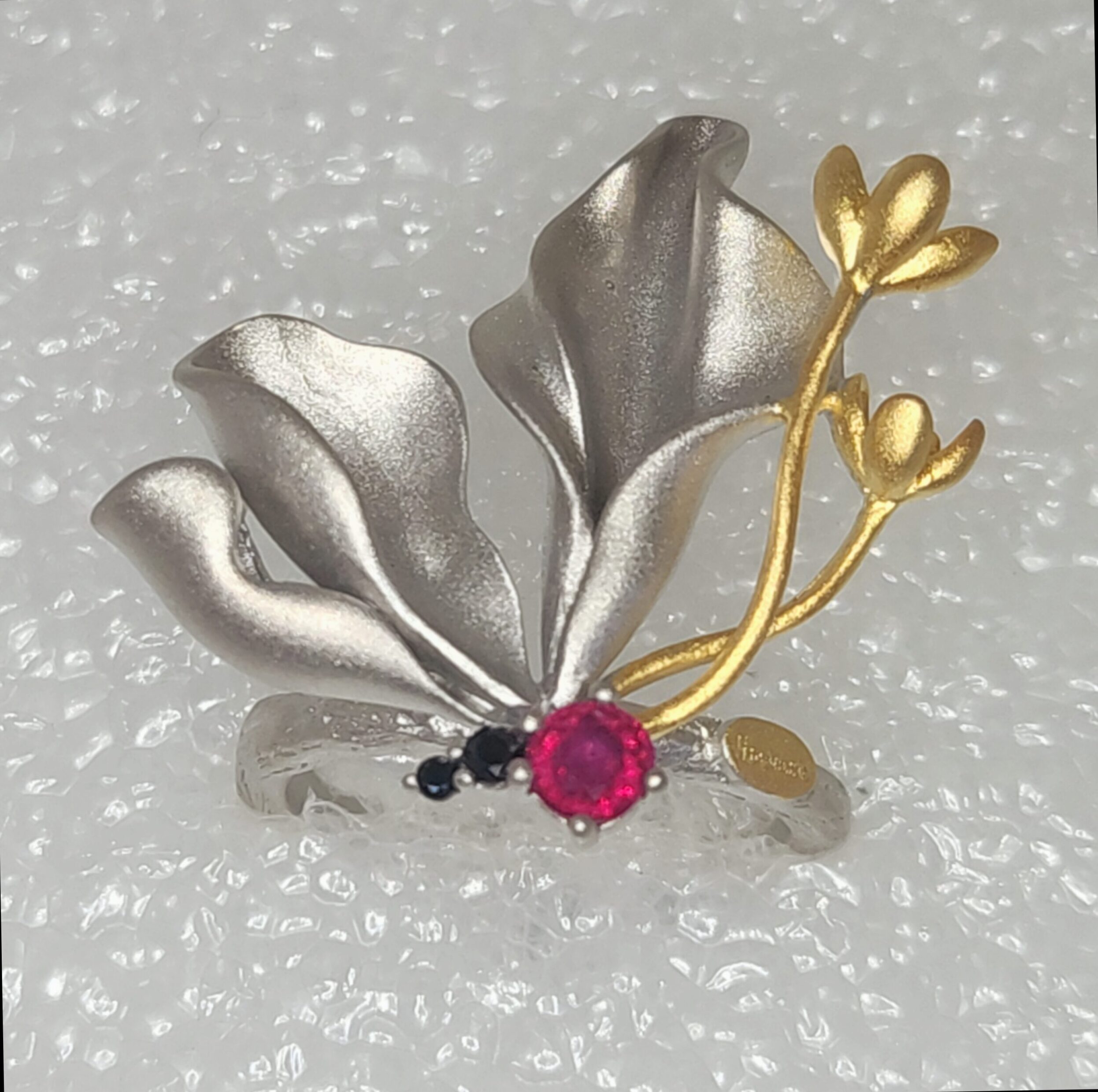 Sterling Silver Ring with Vermeil Floral Accents and Ruby Gemstone