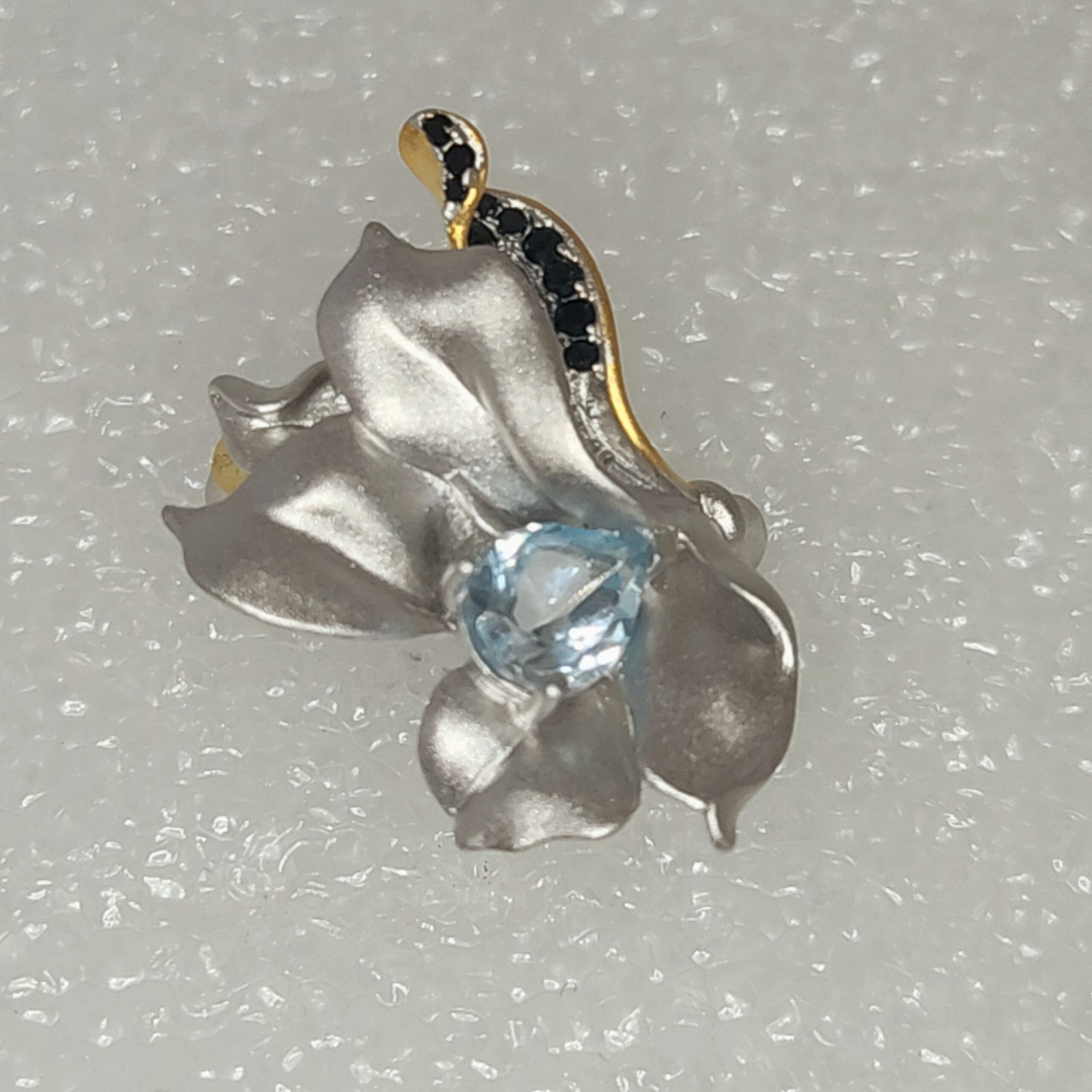 Sterling Silver Vermeil Floral Ring with Blue Topaz and Black Spinel Accents