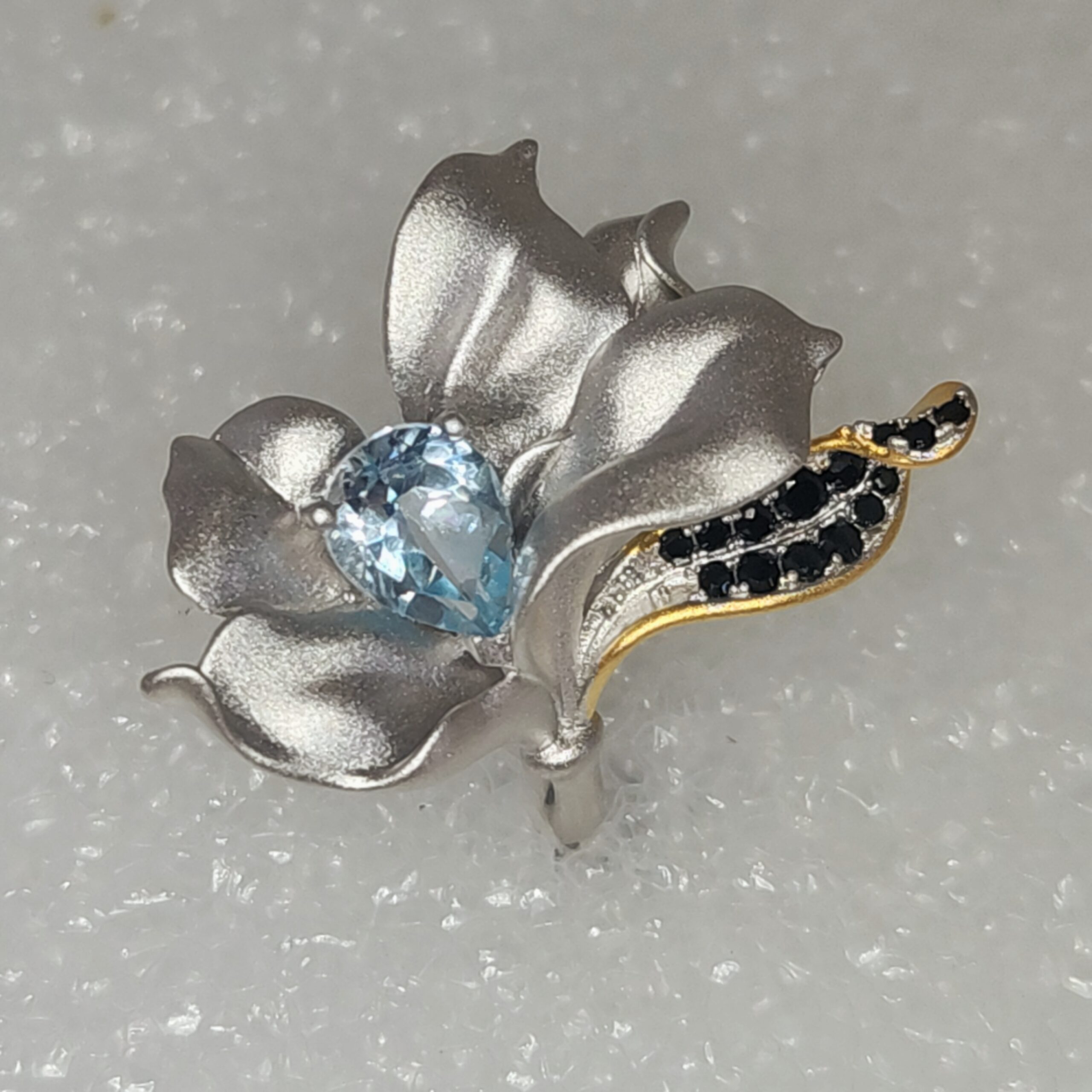 Sterling Silver Vermeil Floral Ring with Blue Topaz and Black Spinel Accents - Image 2