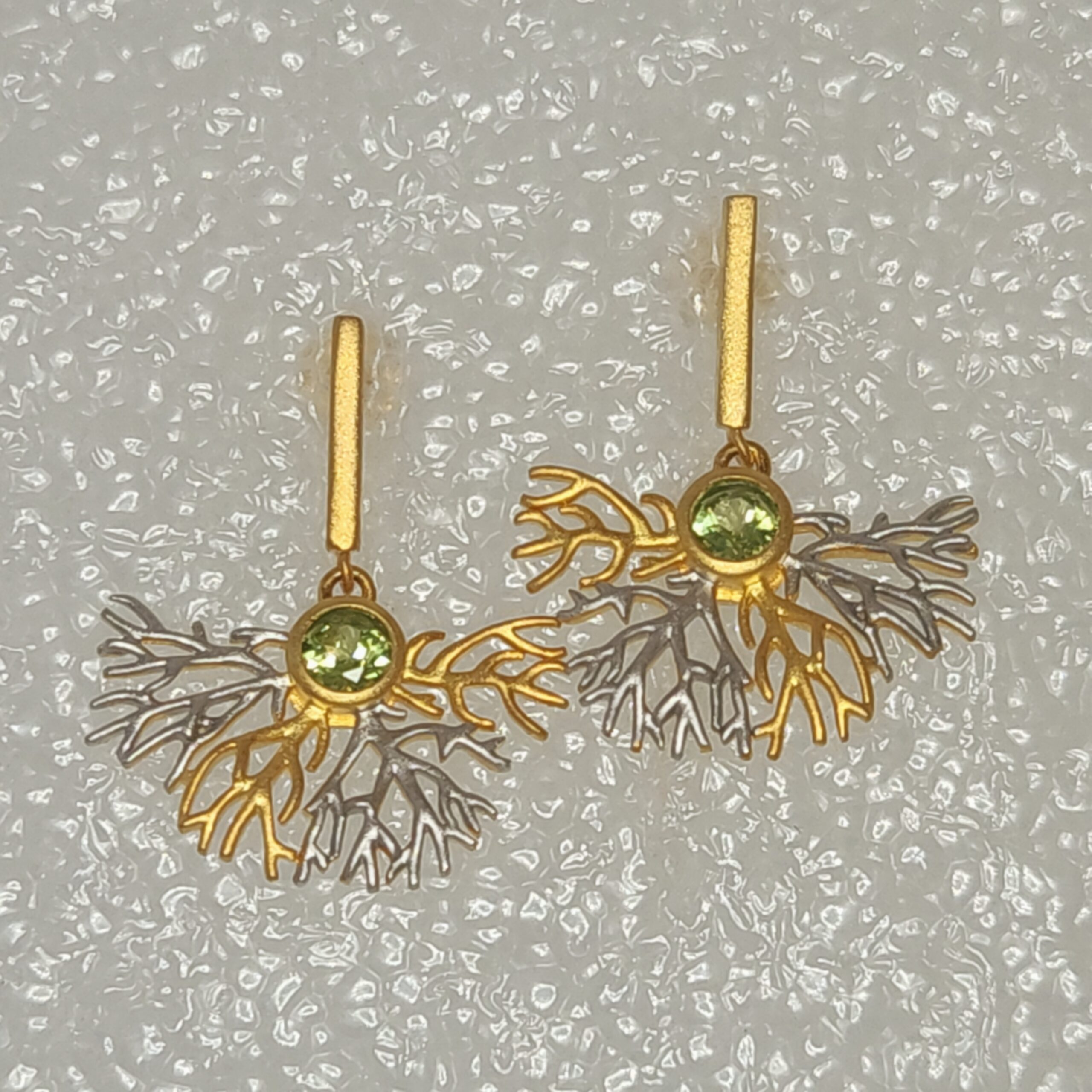 Sterling Silver Mixed Metal Dangle Earrings with Peridot Centre