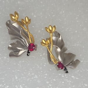 Sterling Silver Vermeil Floral Earrings with Ruby Accents