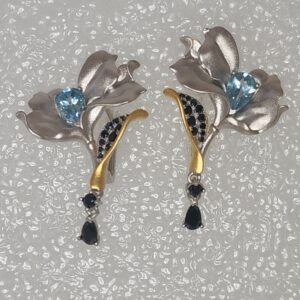 Sterling Silver Vermeil Floral Drop Earrings with Pear Cut Blue Topaz and Black Spinel