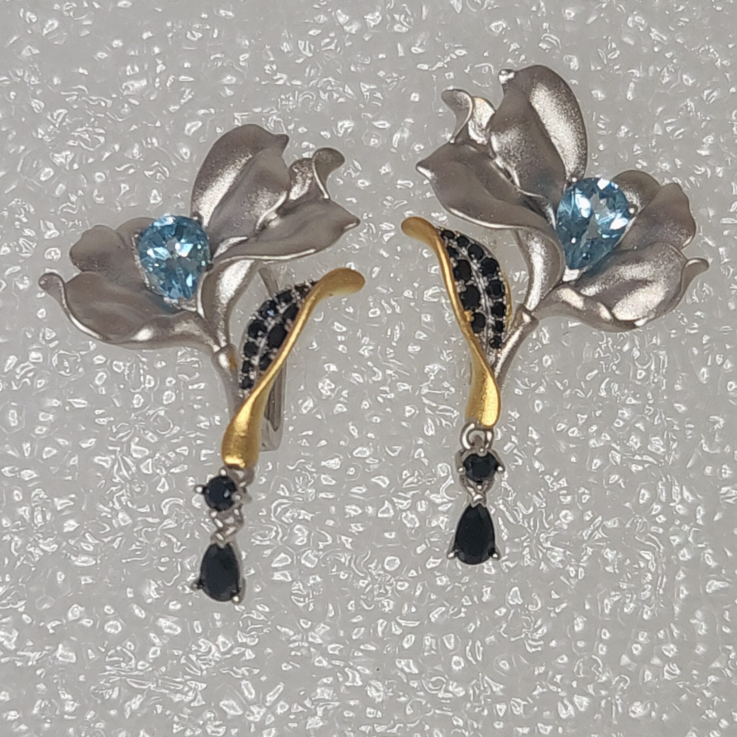 Sterling Silver Vermeil Floral Drop Earrings with Pear Cut Blue Topaz and Black Spinel