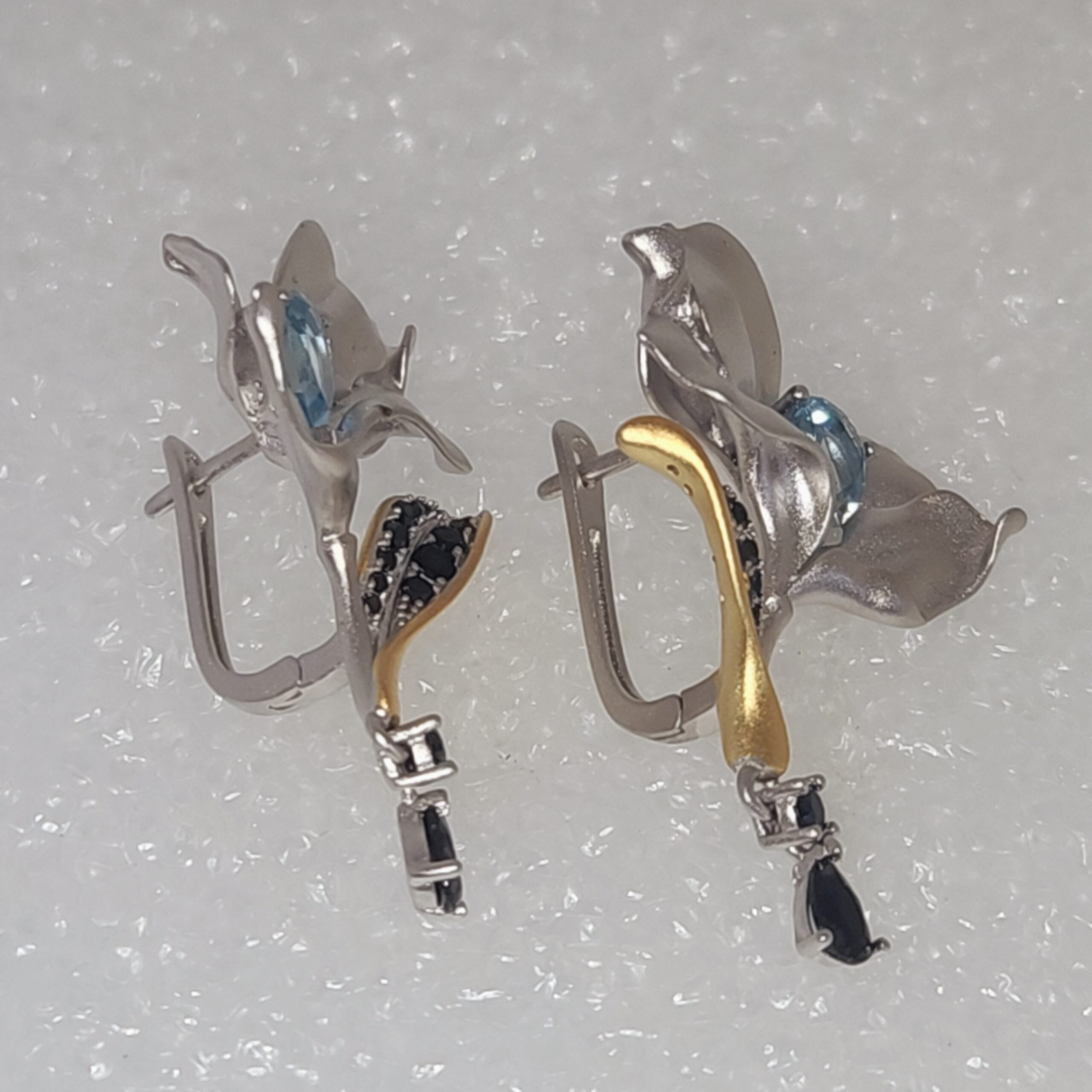 Sterling Silver Vermeil Floral Drop Earrings with Pear Cut Blue Topaz and Black Spinel - Image 2