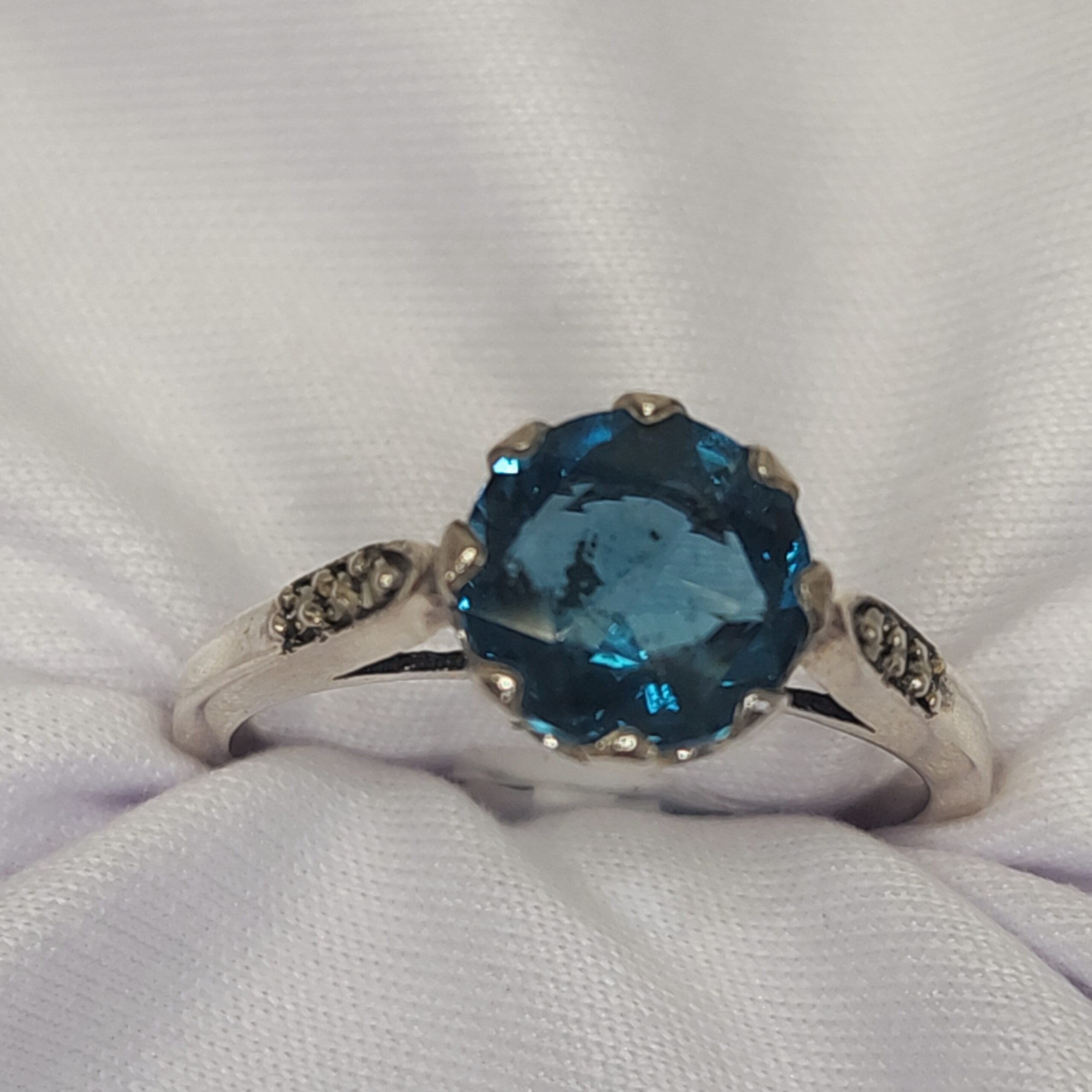 Vintage Inspired London Blue Topaz Solitaire Ring with Crown Basket Setting