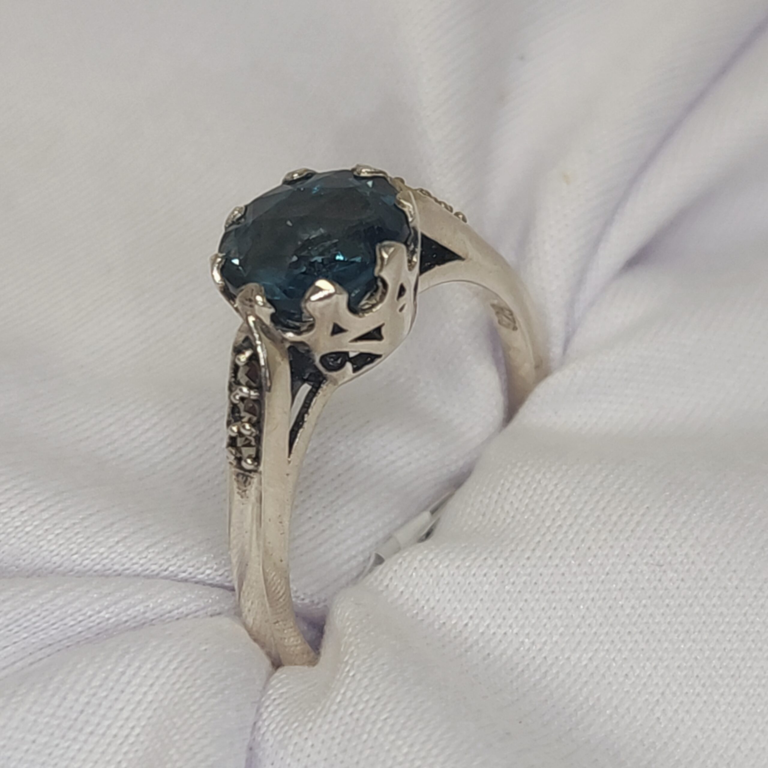 Vintage Inspired London Blue Topaz Solitaire Ring with Crown Basket Setting - Image 2