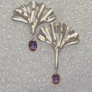 Mixed Metal Ginkgo Leaf Earrings with Amethyst Drops