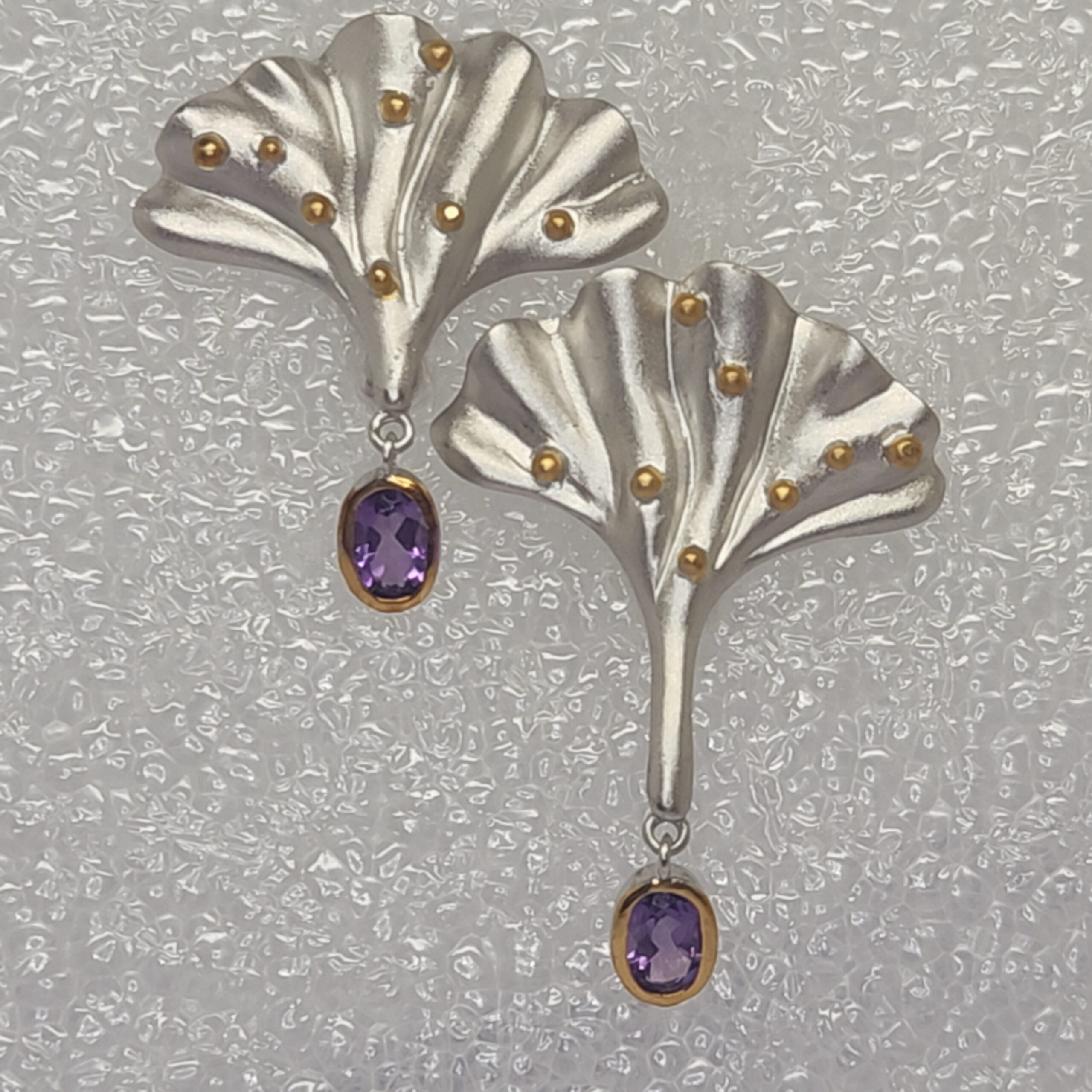 Mixed Metal Ginkgo Leaf Earrings with Amethyst Drops