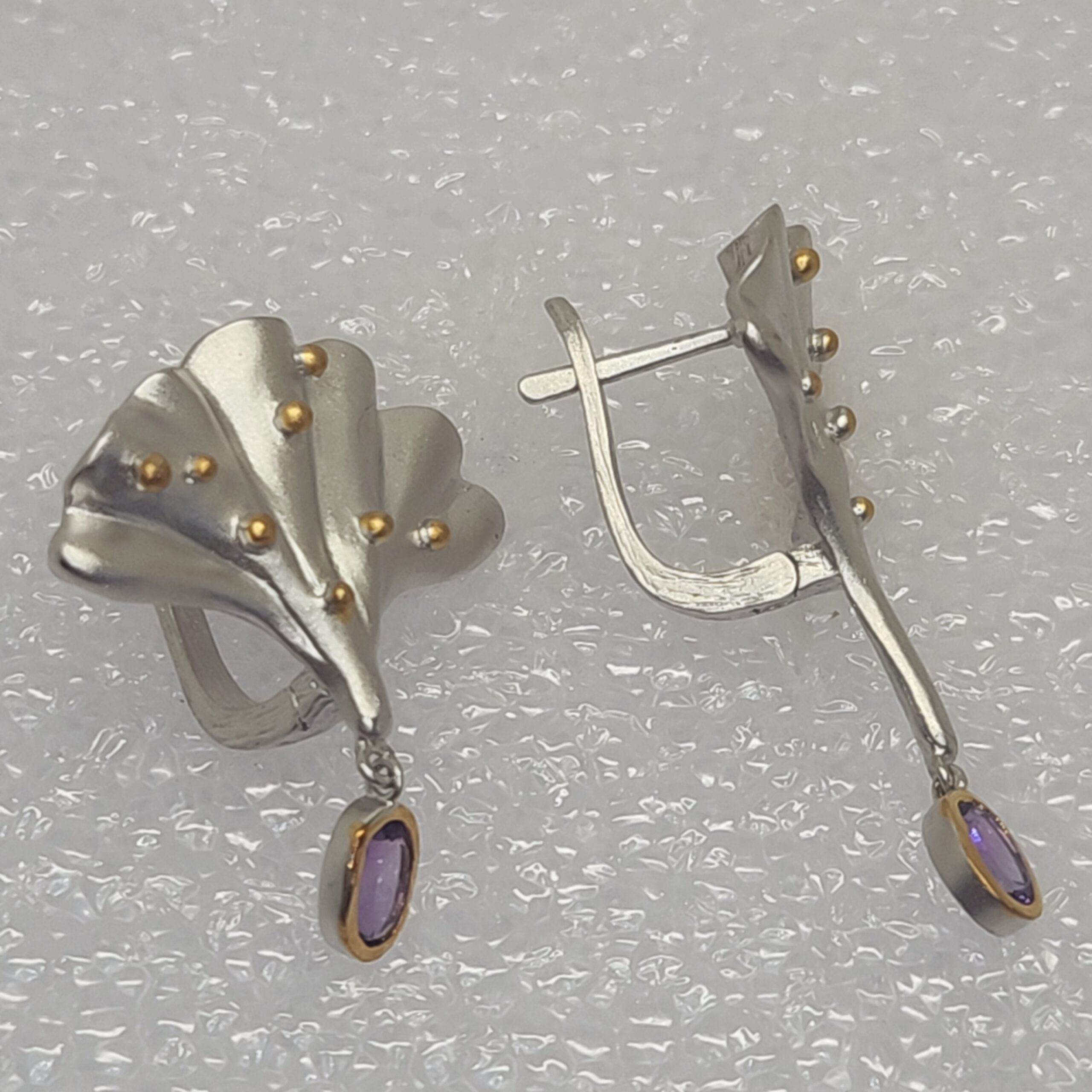 Mixed Metal Ginkgo Leaf Earrings with Amethyst Drops - Image 2