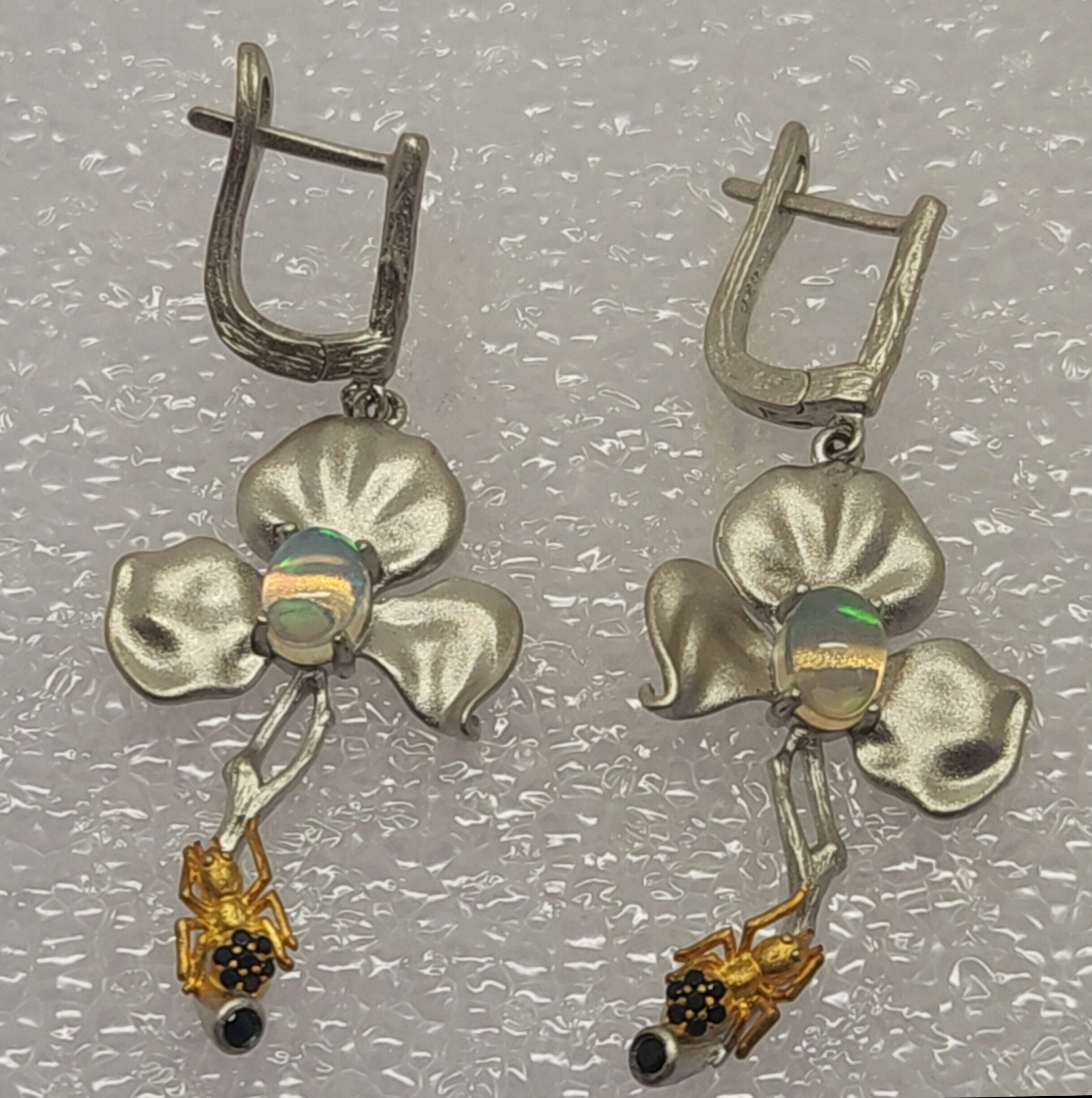 Flower Drop Earrings in Mixed Metal with Opal & Black Spinel Accents - Image 2