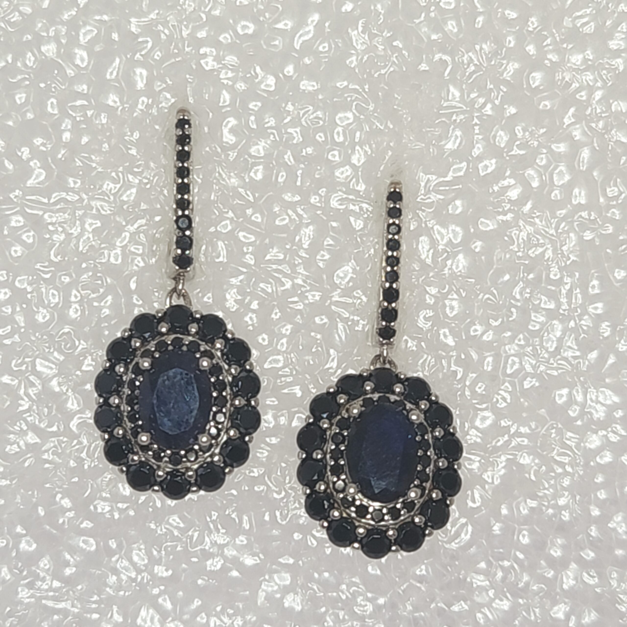 Double Halo Sapphire Earrings with Pavé Set Omega Hook